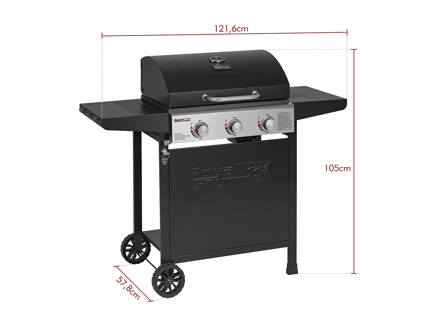 Barbecue Gaz sur Chariot Royal Gourmet à 3 Brûleurs - Puissance 9kW - Noir - 121,6 x 57,8 x 105 cm