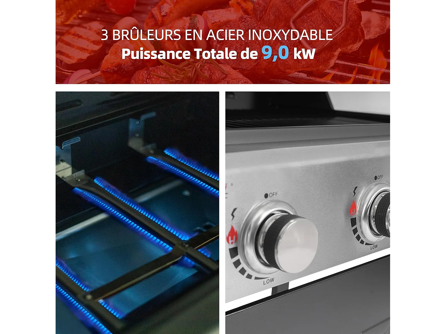 Barbecue Gaz sur Chariot Royal Gourmet à 3 Brûleurs - Puissance 9kW - Noir - 121,6 x 57,8 x 105 cm