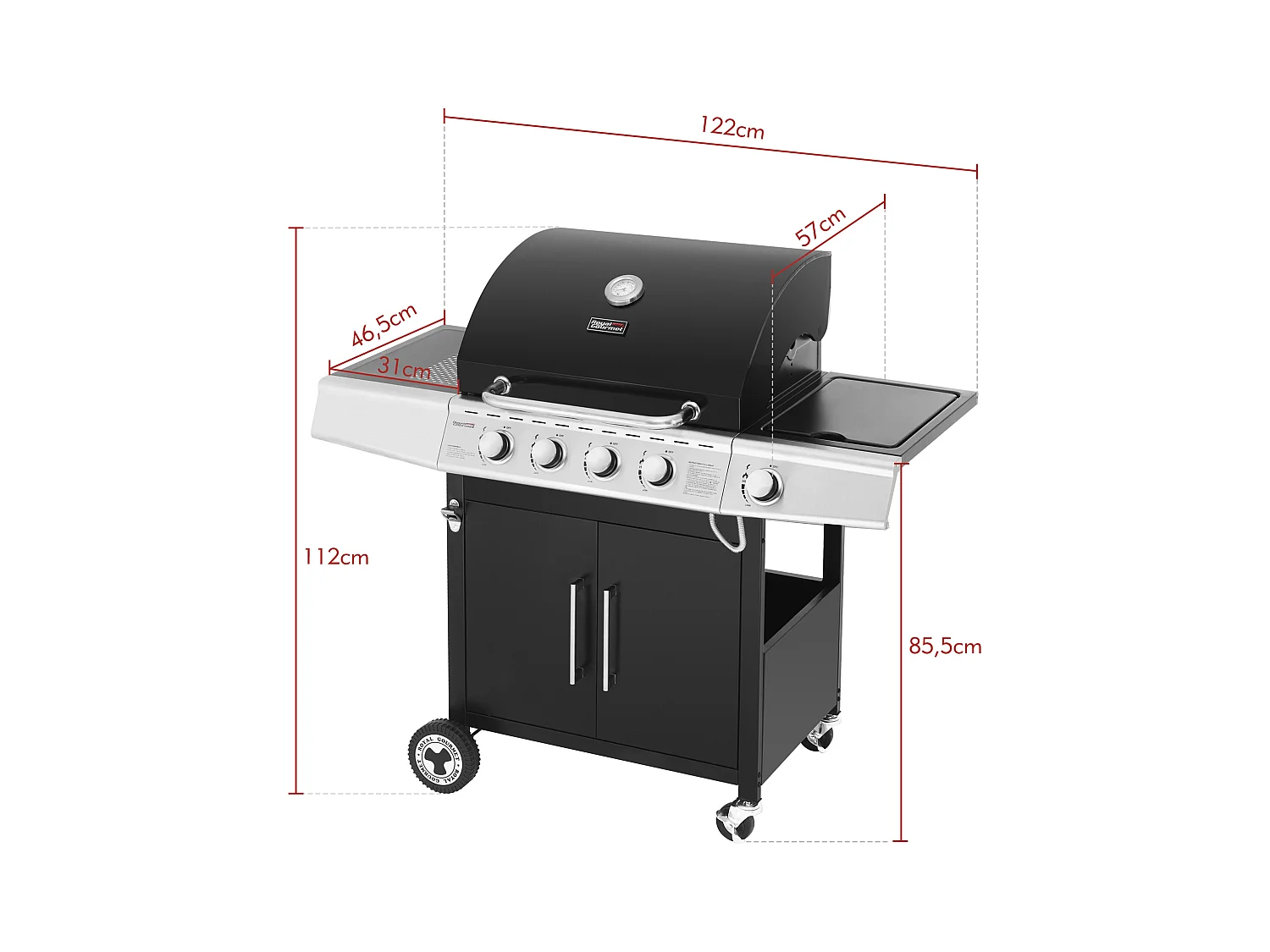 Barbecue Gaz Royal Gourmet à 4+1 Brûleurs Puissance 14,5kW - Noir - 122 x 57 x 112 cm