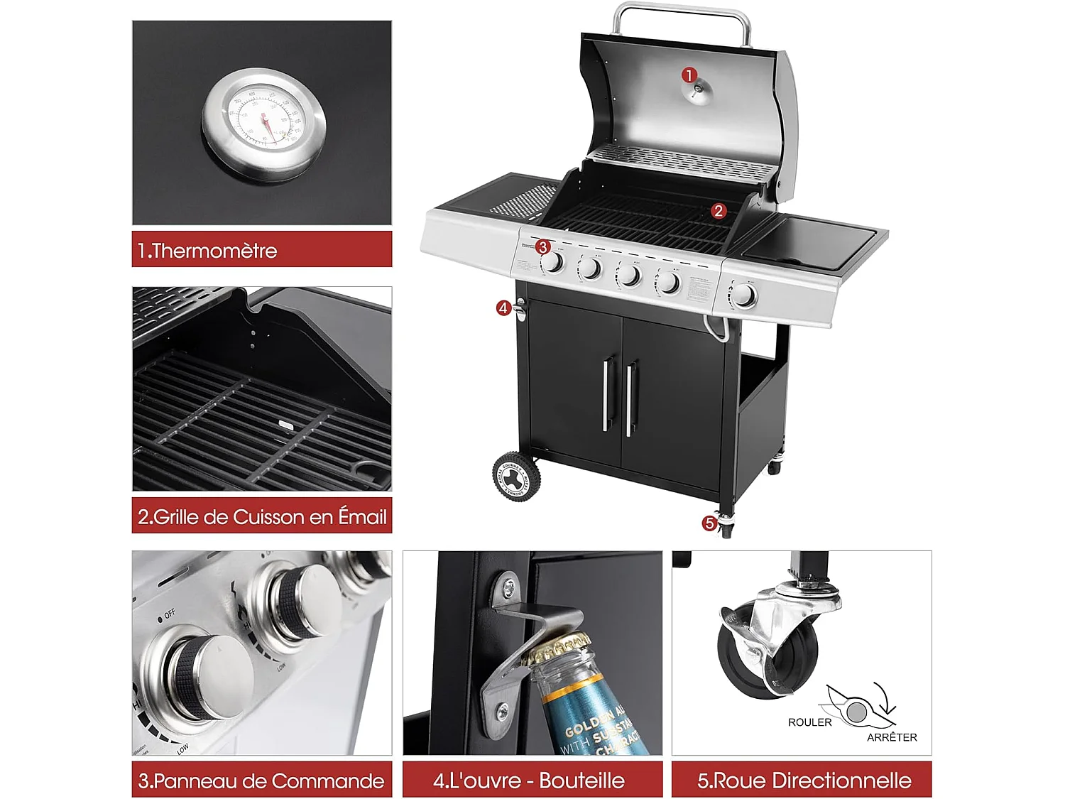 Barbecue Gaz Royal Gourmet à 4+1 Brûleurs Puissance 14,5kW - Noir - 122 x 57 x 112 cm