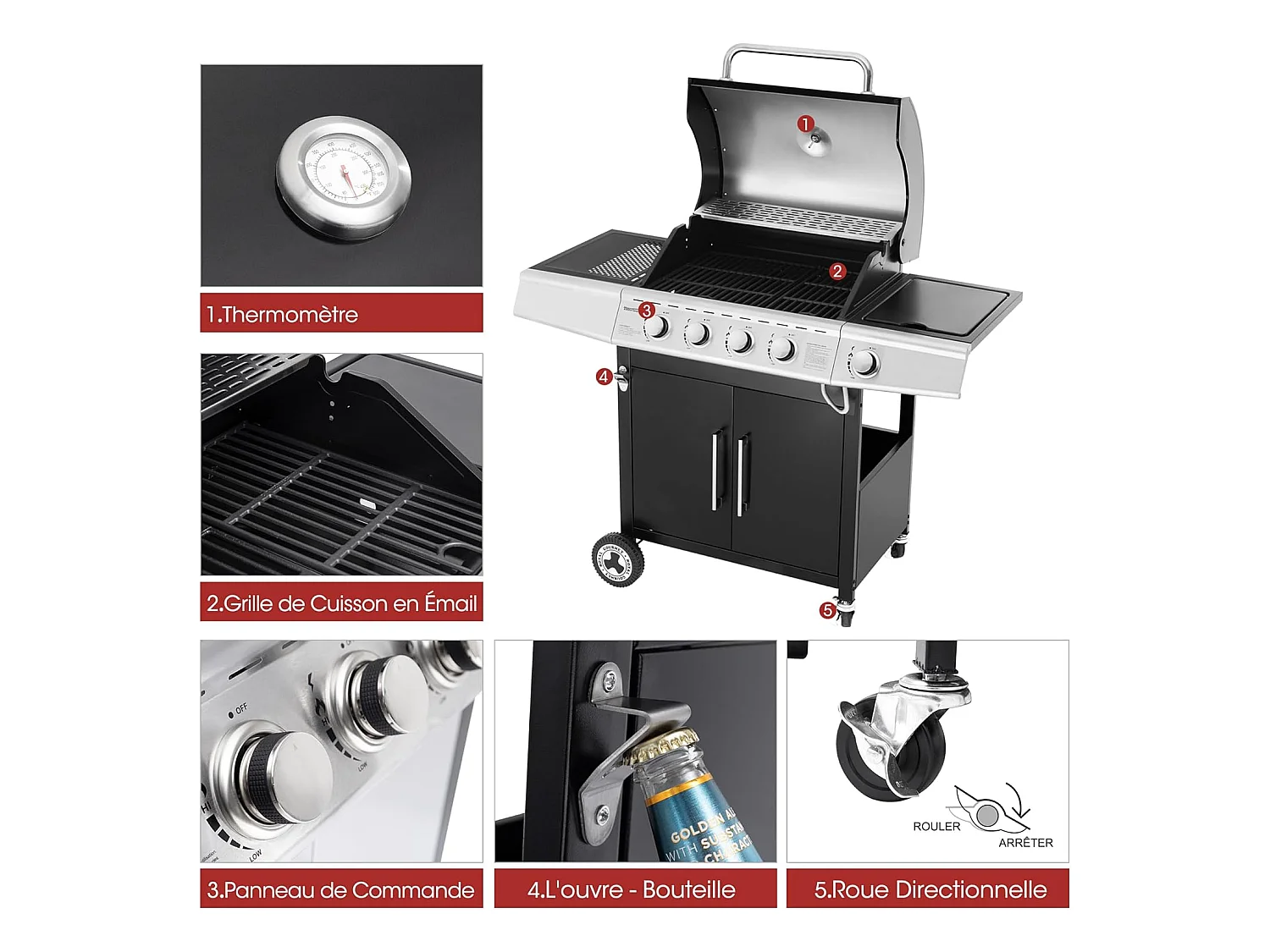 Barbecue Gaz Royal Gourmet à 4+1 Brûleurs Puissance 14,5kW - Noir - 122 x 57 x 112 cm