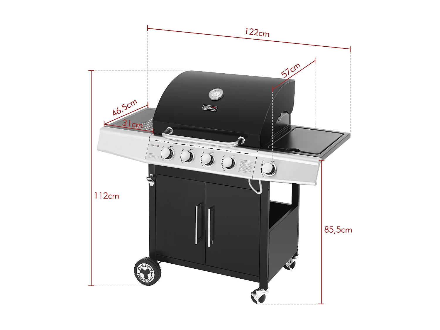 Barbecue Gaz Royal Gourmet à 4+1 Brûleurs Puissance 14,5kW - Noir - 122 x 57 x 112 cm