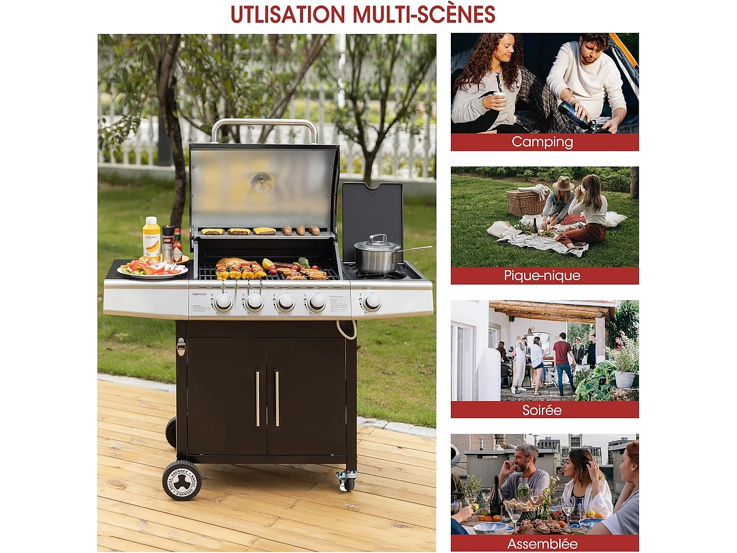 Barbecue Gaz Royal Gourmet à 4+1 Brûleurs Puissance 14,5kW - Noir - 122 x 57 x 112 cm