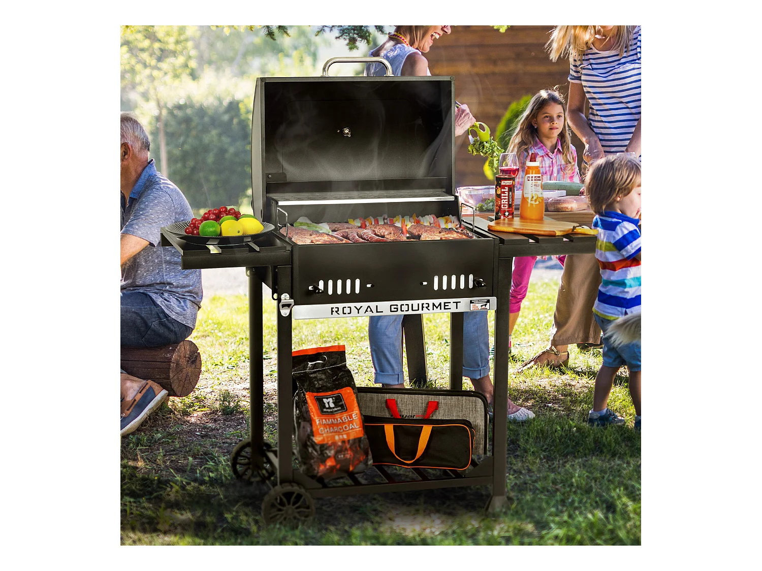 Royal Gourmet Barbecue à Charbon de Bois - Grill à Charbon sur Chariot avec Tablettes Pliables - Surface Cuisson 56,5 x 42,2