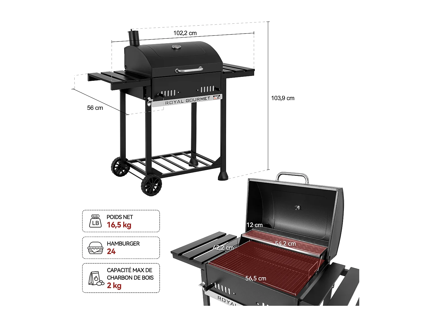 Royal Gourmet Barbecue à Charbon de Bois - Grill à Charbon sur Chariot avec Tablettes Pliables - Surface Cuisson 56,5 x 42,2