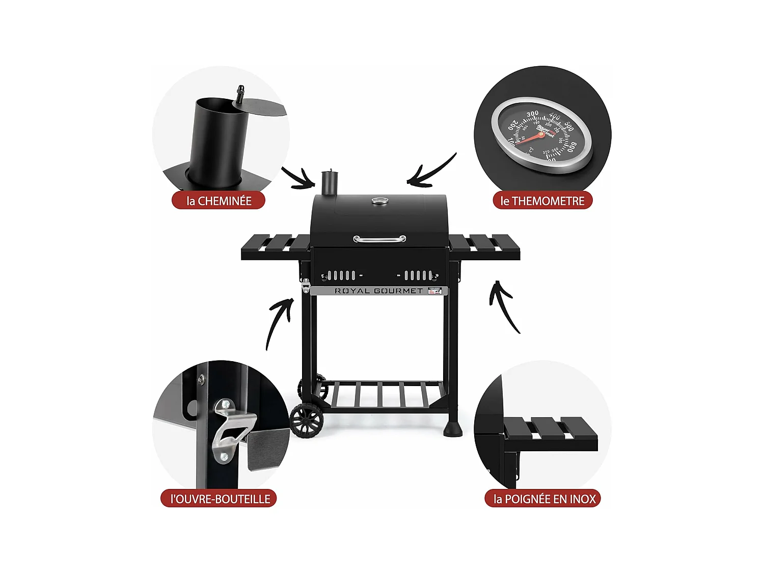 Royal Gourmet Barbecue à Charbon de Bois - Grill à Charbon sur Chariot avec Tablettes Pliables - Surface Cuisson 56,5 x 42,2