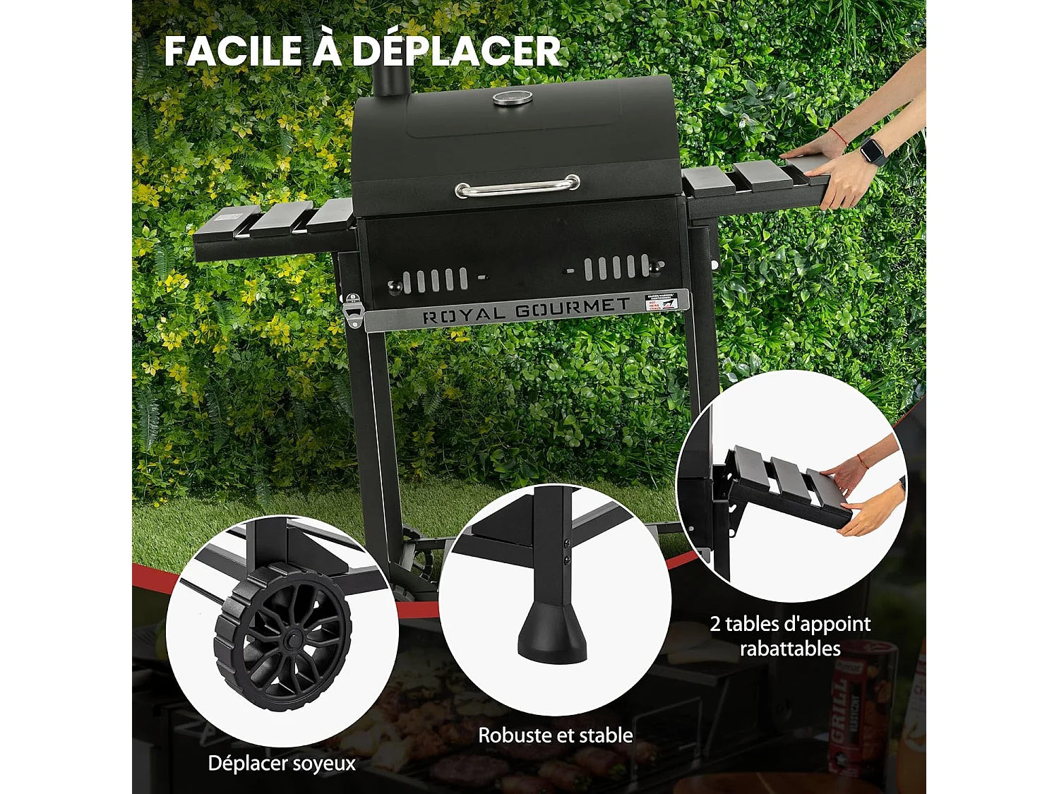 Royal Gourmet Barbecue à Charbon de Bois - Grill à Charbon sur Chariot avec Tablettes Pliables - Surface Cuisson 56,5 x 42,2