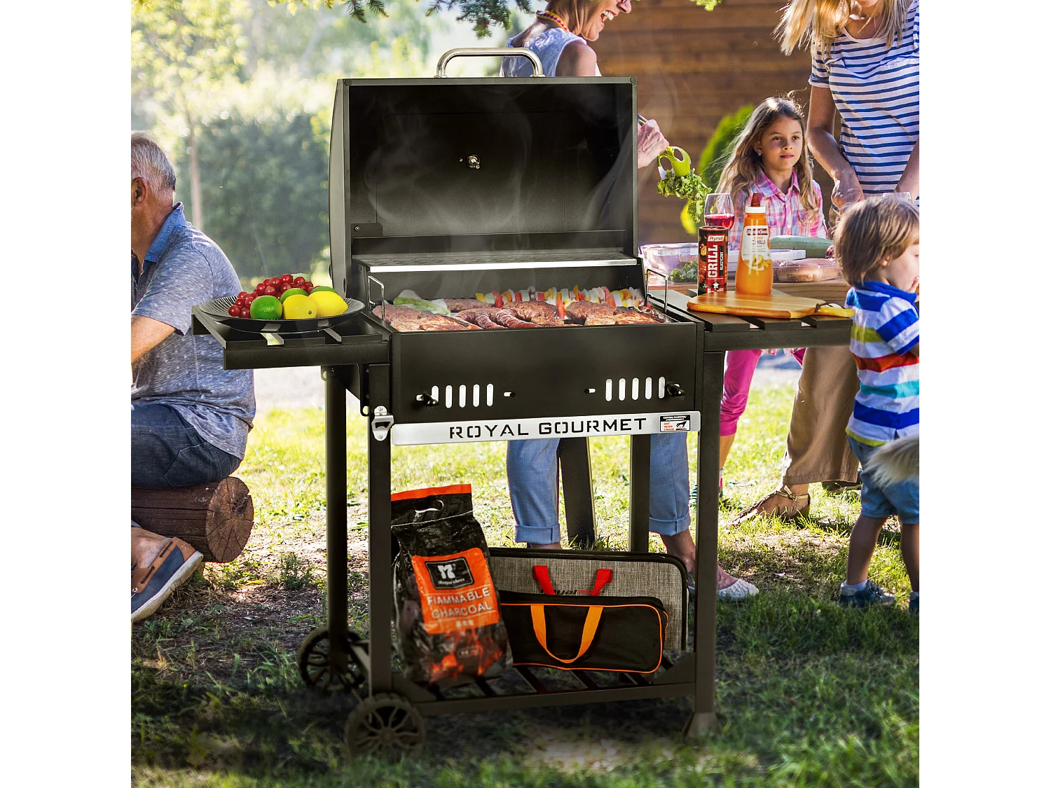 Royal Gourmet Barbecue à Charbon de Bois - Grill à Charbon sur Chariot avec Tablettes Pliables - Surface Cuisson 56,5 x 42,2