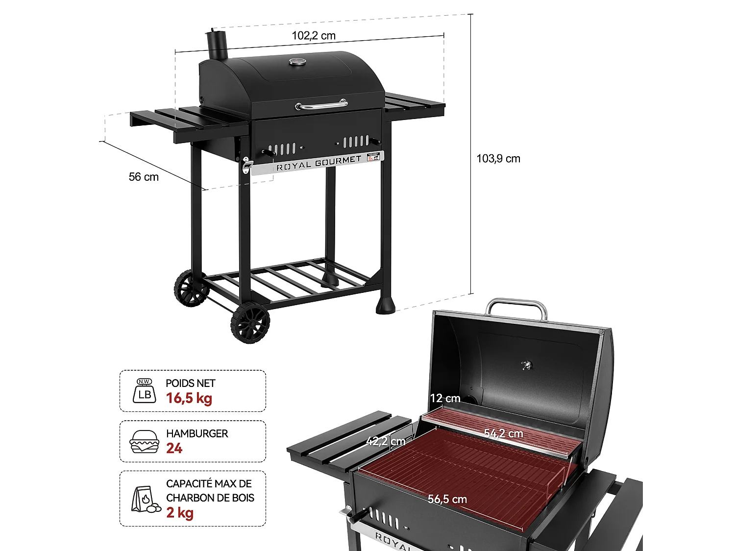 Royal Gourmet Barbecue à Charbon de Bois - Grill à Charbon sur Chariot avec Tablettes Pliables - Surface Cuisson 56,5 x 42,2