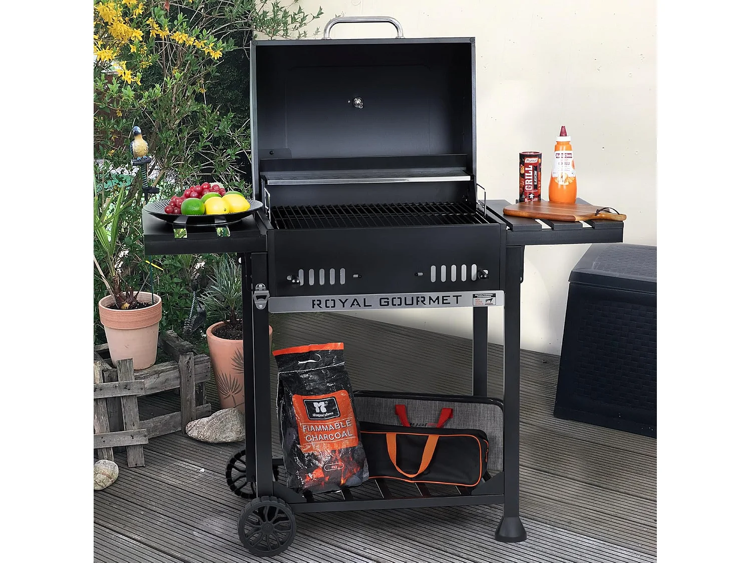 Royal Gourmet Barbecue à Charbon de Bois - Grill à Charbon sur Chariot avec Tablettes Pliables - Surface Cuisson 56,5 x 42,2