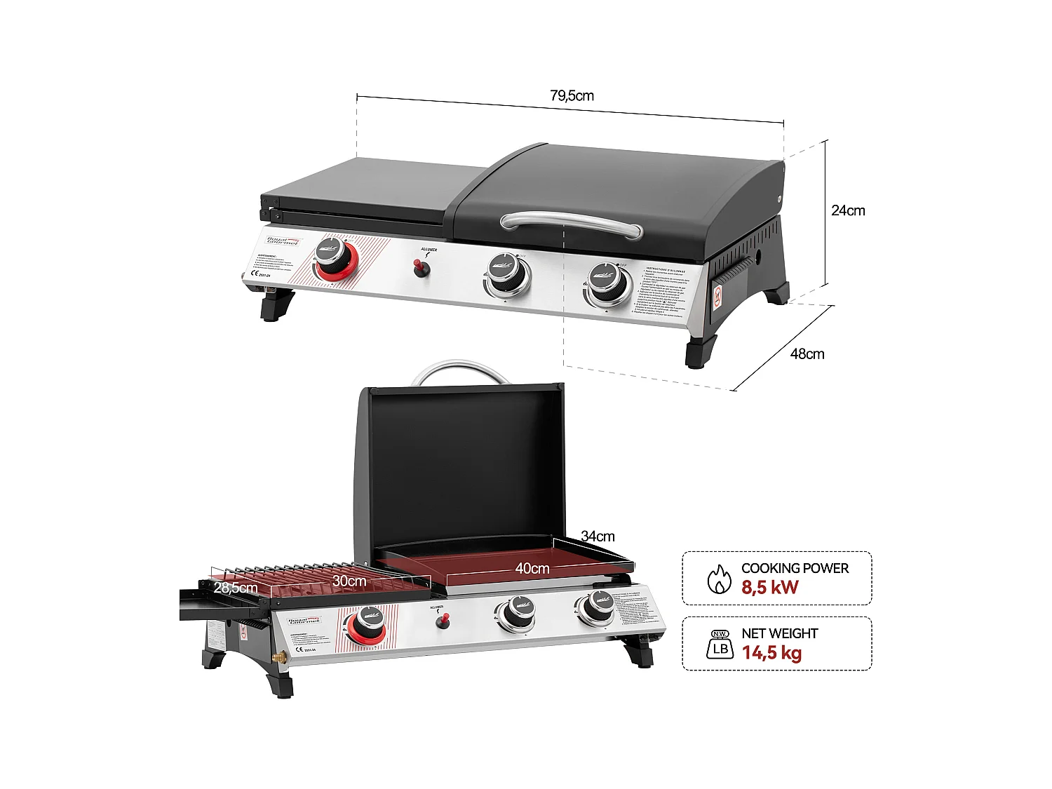Barbecue Gaz Portable Royal Gourmet - 3 en 1 Plancha et Grille en Émaillés Combinés-8.5 kW