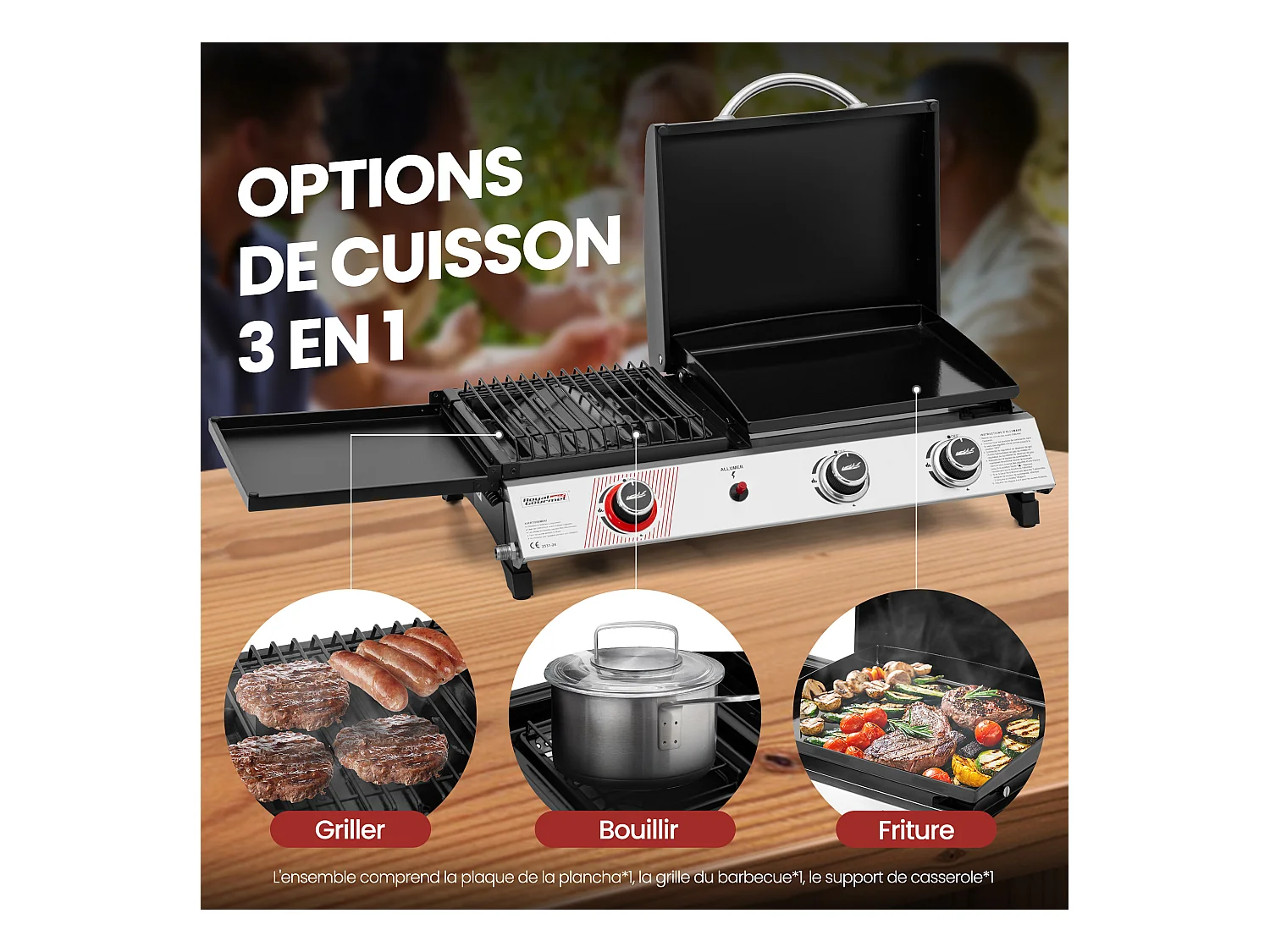Barbecue Gaz Portable Royal Gourmet - 3 en 1 Plancha et Grille en Émaillés Combinés-8.5 kW