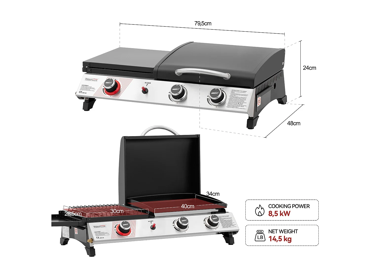 Barbecue Gaz Portable Royal Gourmet - 3 en 1 Plancha et Grille en Émaillés Combinés-8.5 kW