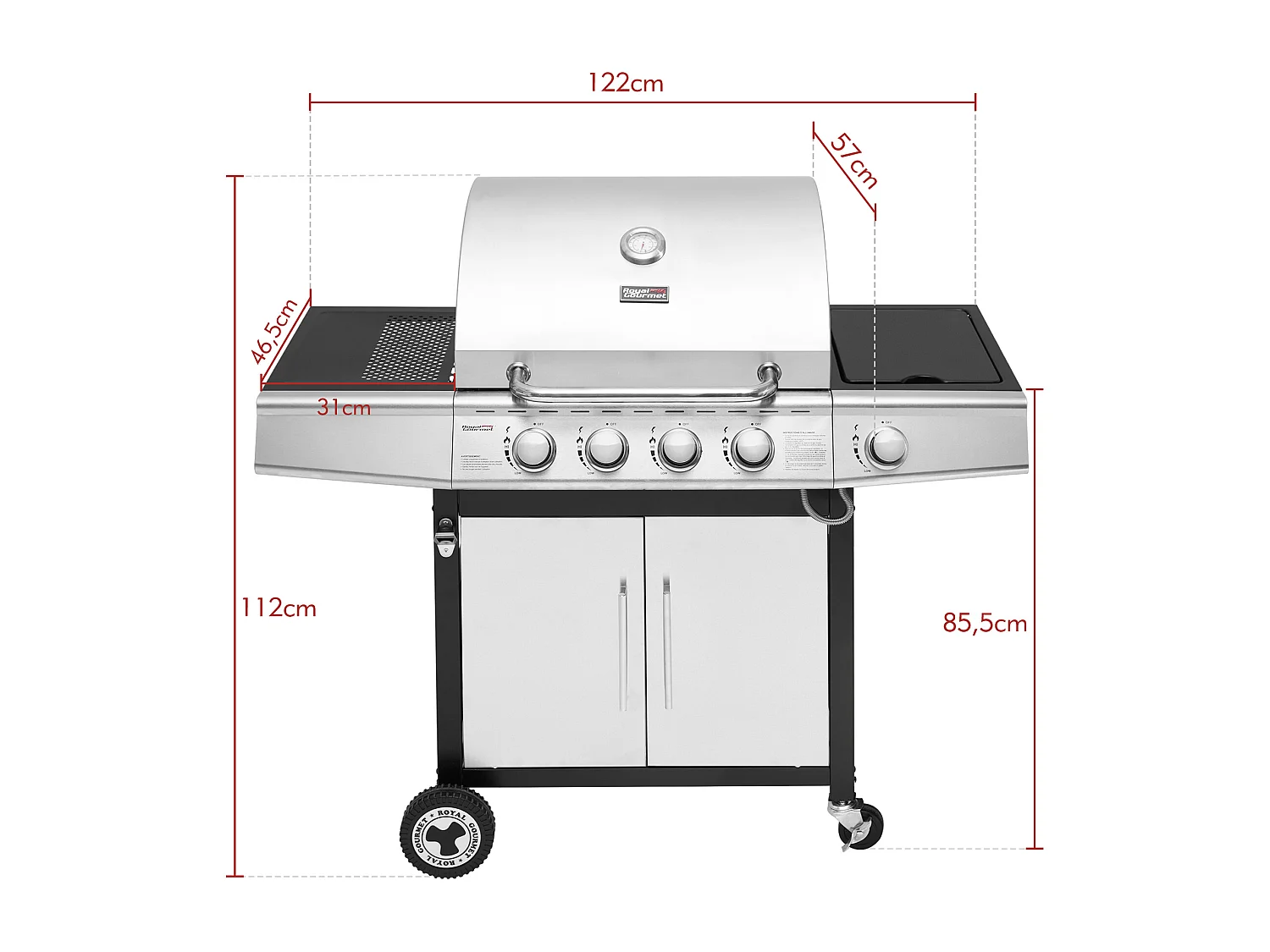 Barbecue Gaz Royal Gourmet à 4+1 Brûleurs Puissance 14,5kW - Argent - 122 x 57 x 112 cm