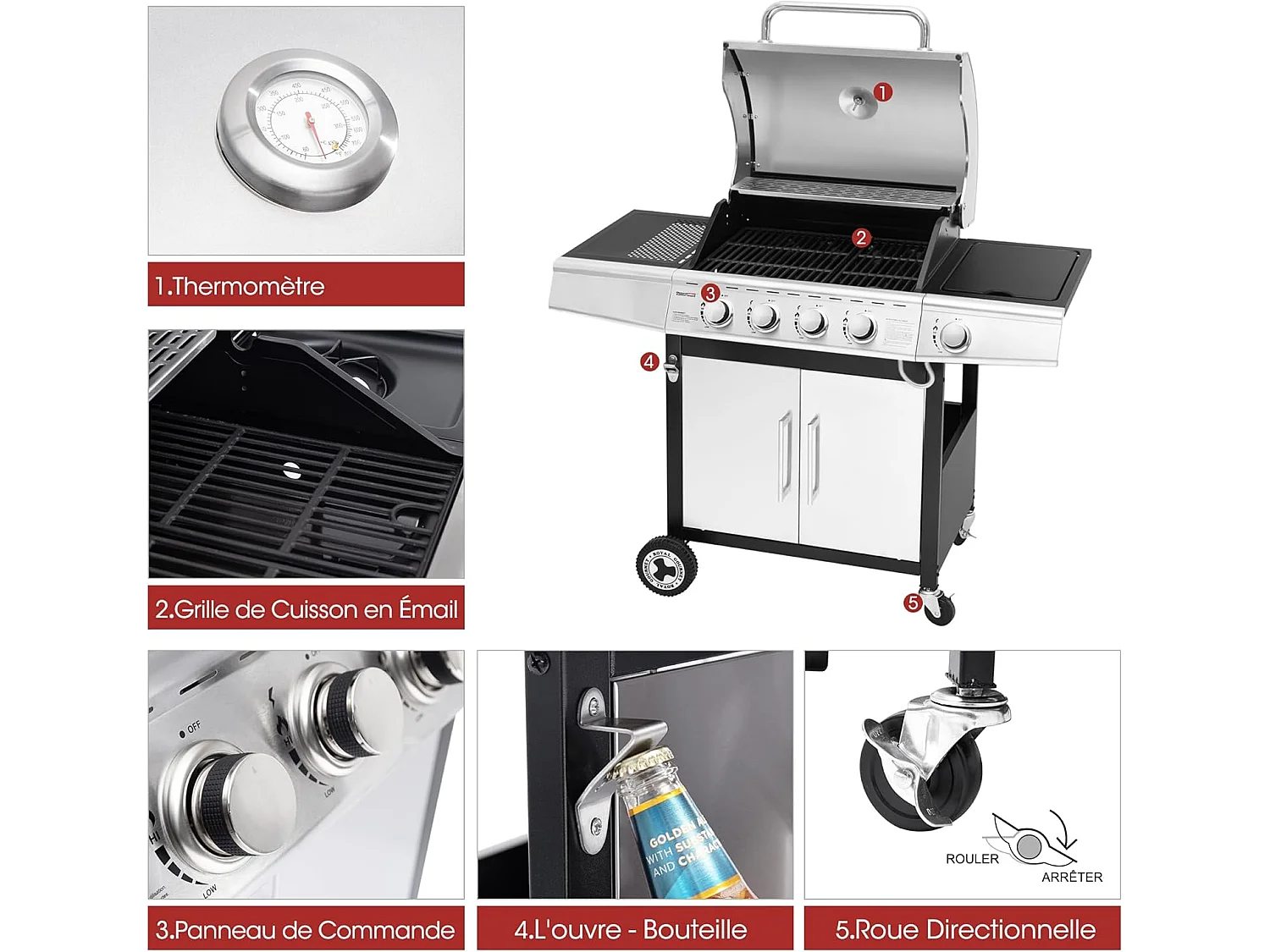 Barbecue Gaz Royal Gourmet à 4+1 Brûleurs Puissance 14,5kW - Argent - 122 x 57 x 112 cm