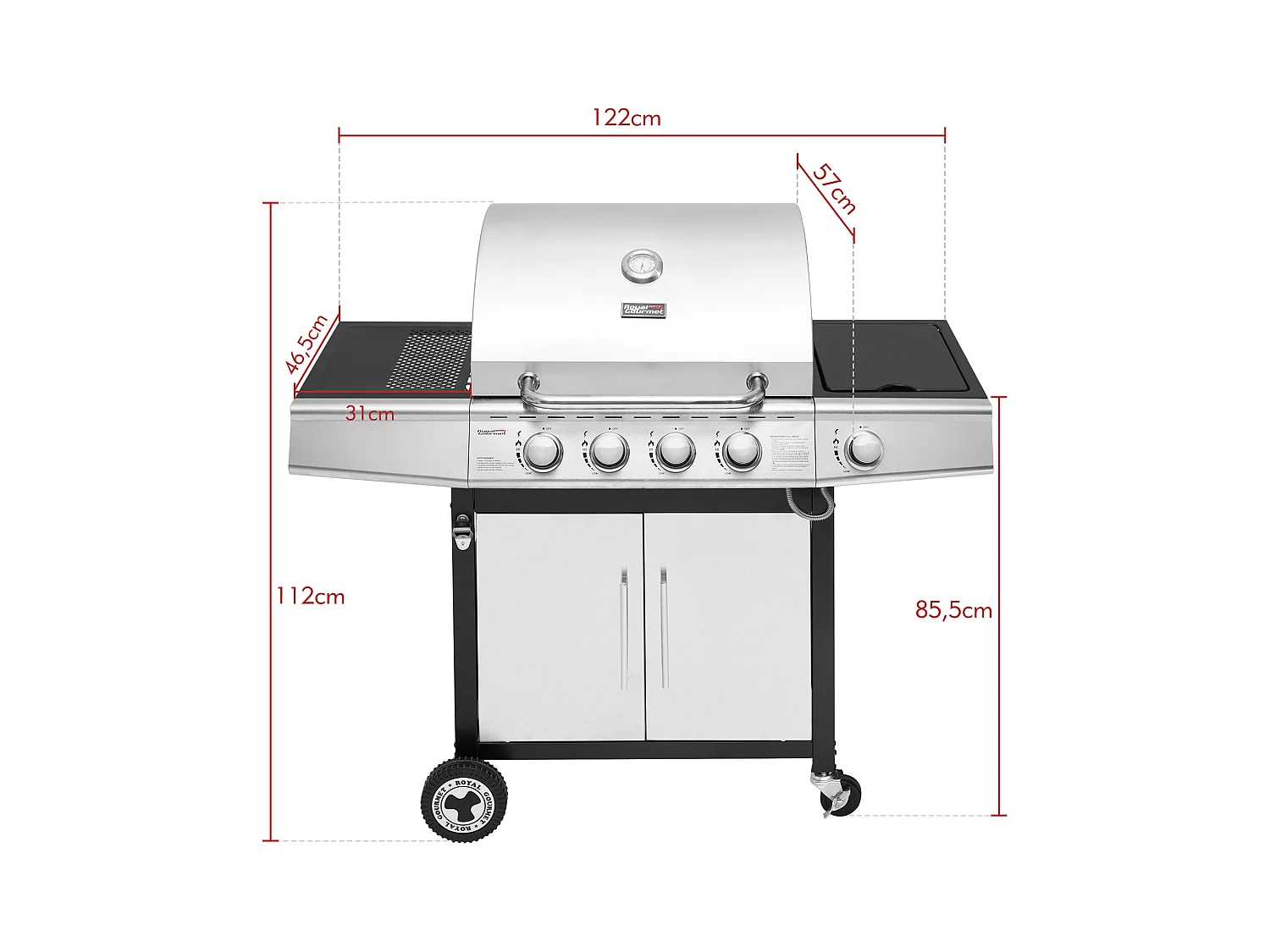 Barbecue Gaz Royal Gourmet à 4+1 Brûleurs Puissance 14,5kW - Argent - 122 x 57 x 112 cm