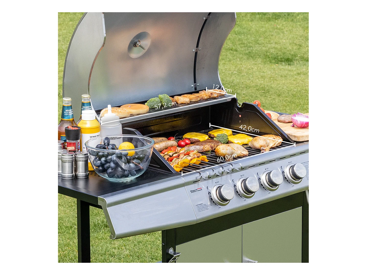 Barbecue Gaz Royal Gourmet à 4+1 Brûleurs Puissance 14,5kW - Argent - 122 x 57 x 112 cm