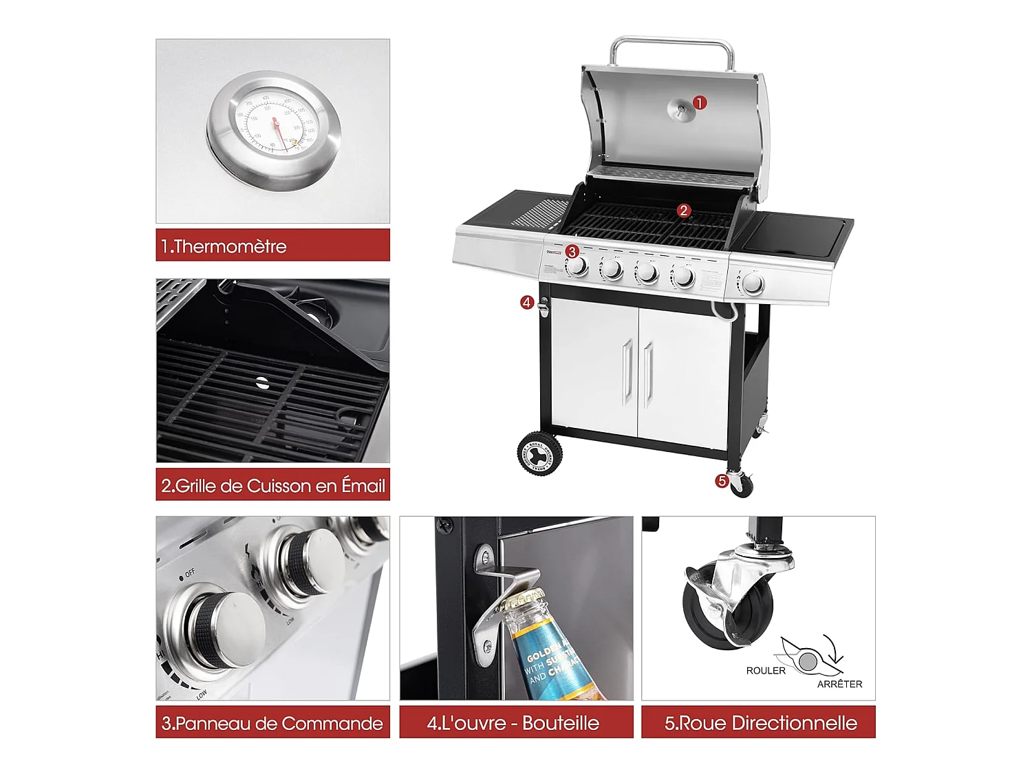 Barbecue Gaz Royal Gourmet à 4+1 Brûleurs Puissance 14,5kW - Argent - 122 x 57 x 112 cm