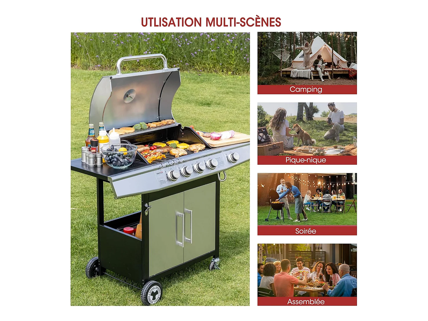 Barbecue Gaz Royal Gourmet à 4+1 Brûleurs Puissance 14,5kW - Argent - 122 x 57 x 112 cm