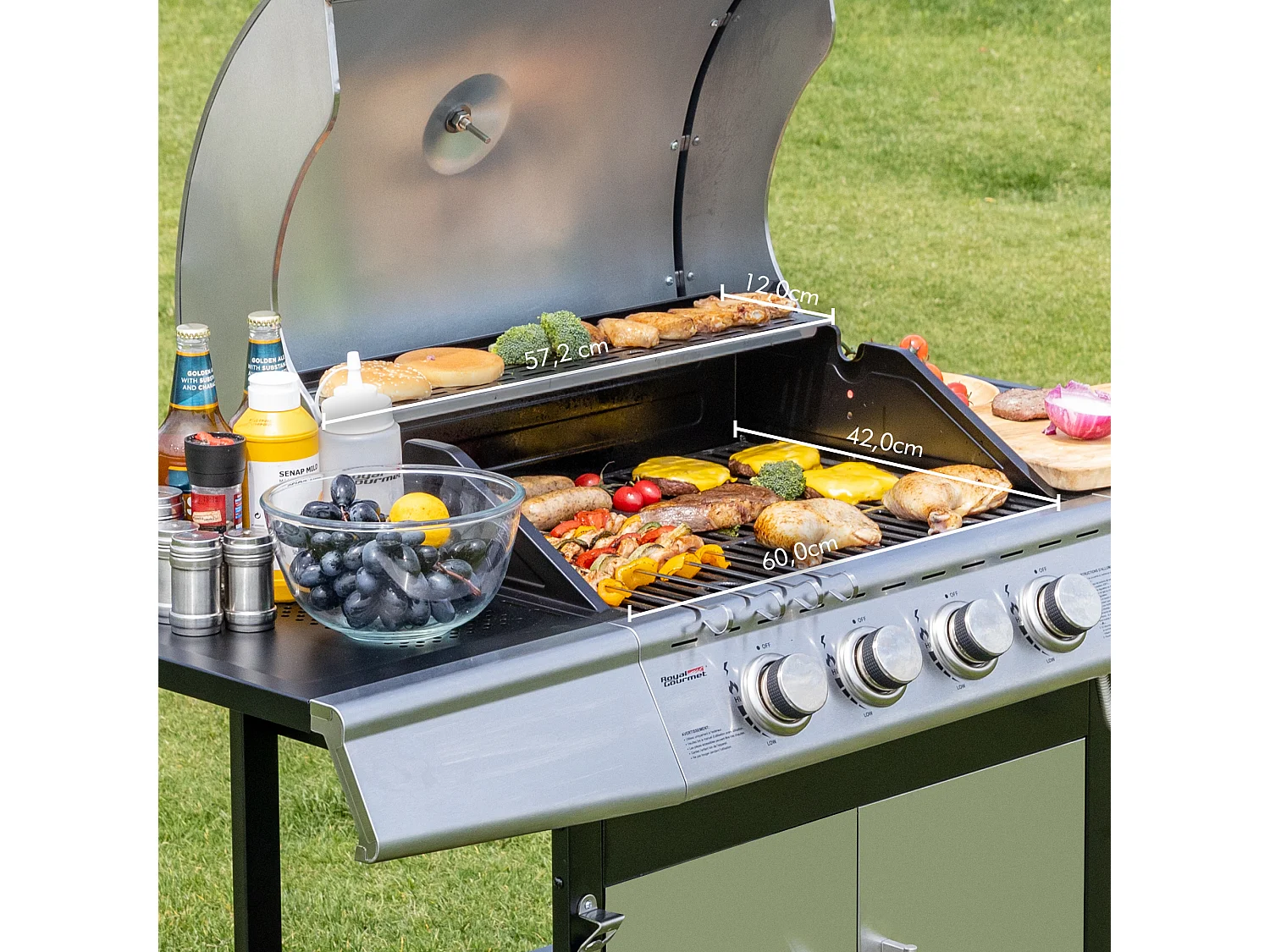 Barbecue Gaz Royal Gourmet à 4+1 Brûleurs Puissance 14,5kW - Argent - 122 x 57 x 112 cm