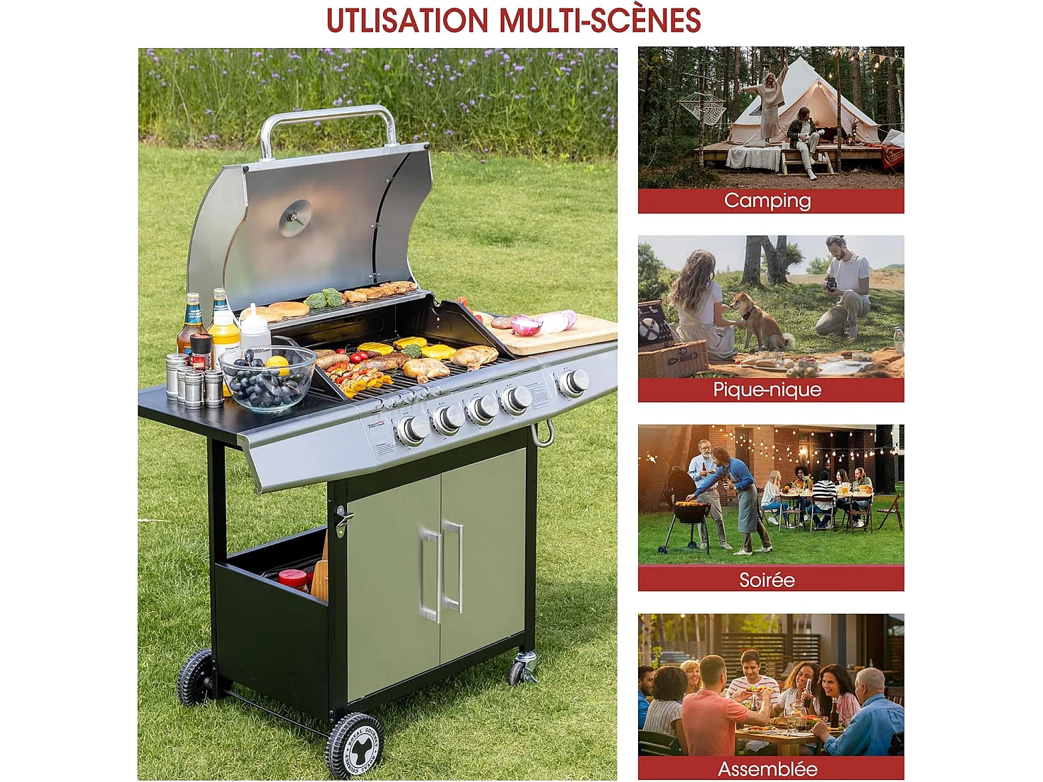 Barbecue Gaz Royal Gourmet à 4+1 Brûleurs Puissance 14,5kW - Argent - 122 x 57 x 112 cm