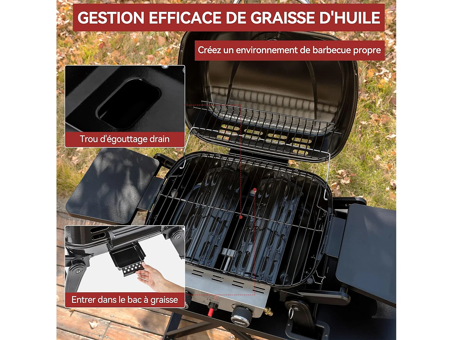 Barbecue Gaz Portable Dont Chariot Détachable Royal Gourmet - 2 Brûleurs Puissance 5kW, Surface Cuisson 48 x 37 cm