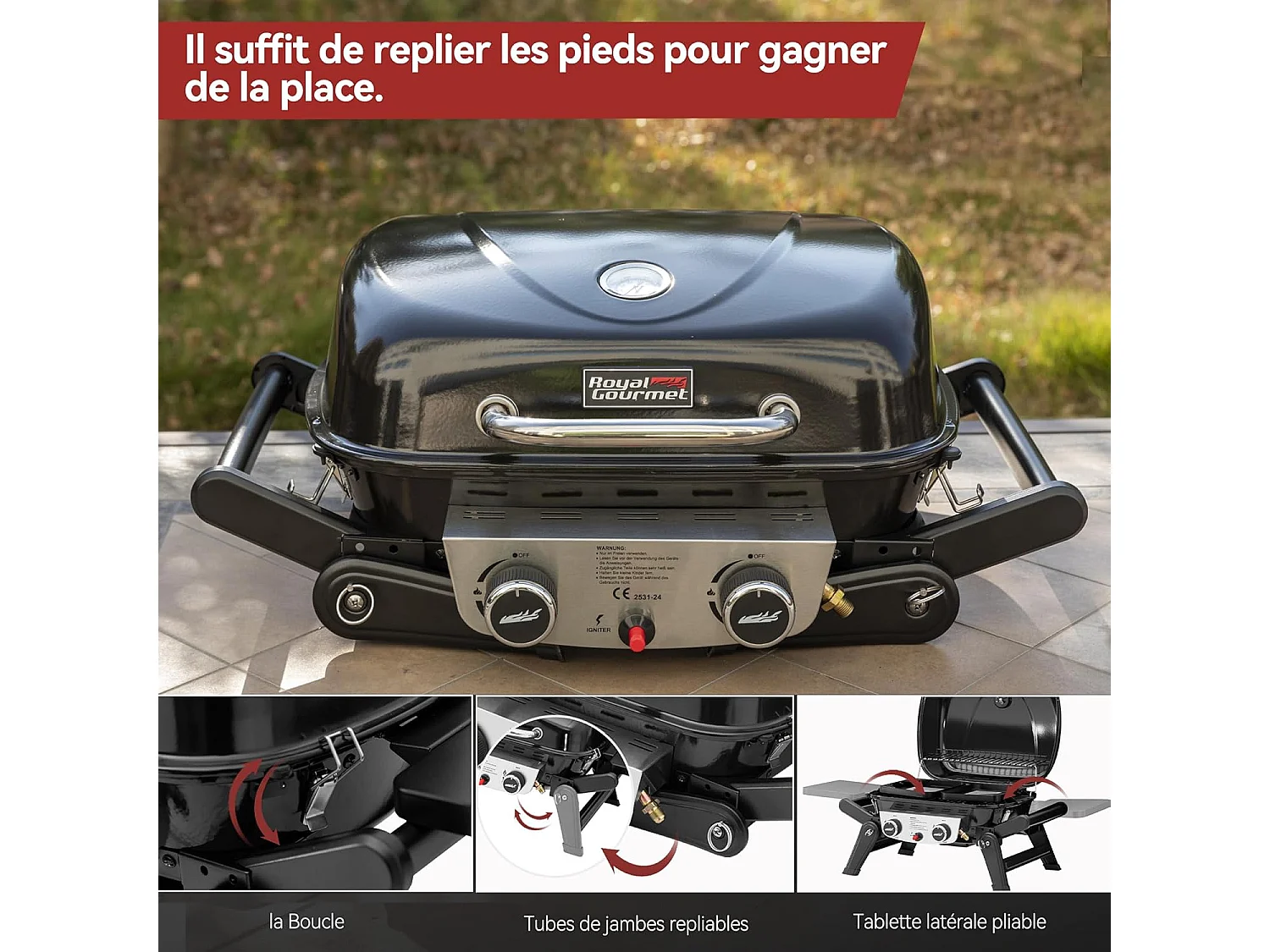 Barbecue Gaz Portable Dont Chariot Détachable Royal Gourmet - 2 Brûleurs Puissance 5kW, Surface Cuisson 48 x 37 cm