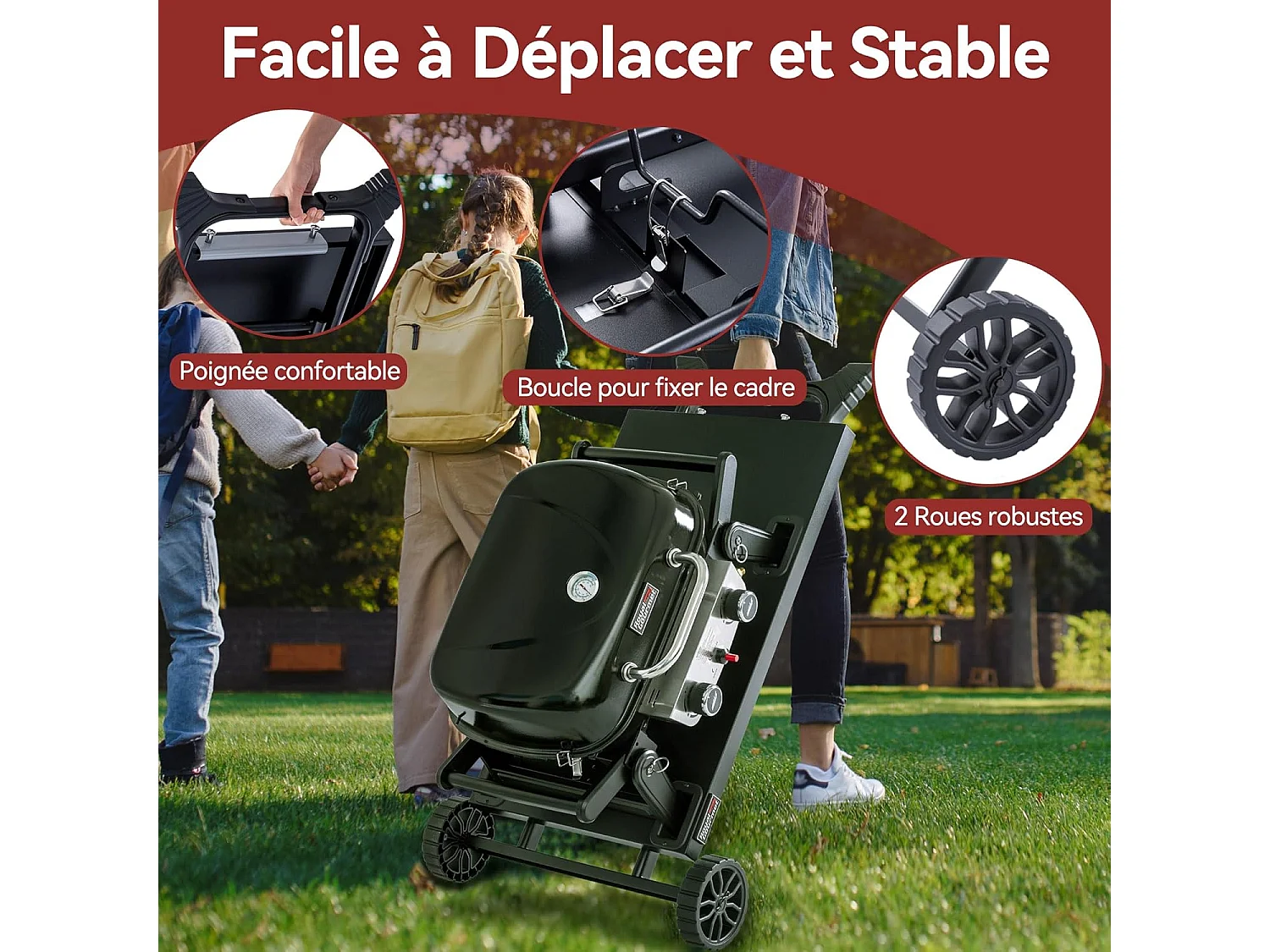 Barbecue Gaz Portable Dont Chariot Détachable Royal Gourmet - 2 Brûleurs Puissance 5kW, Surface Cuisson 48 x 37 cm