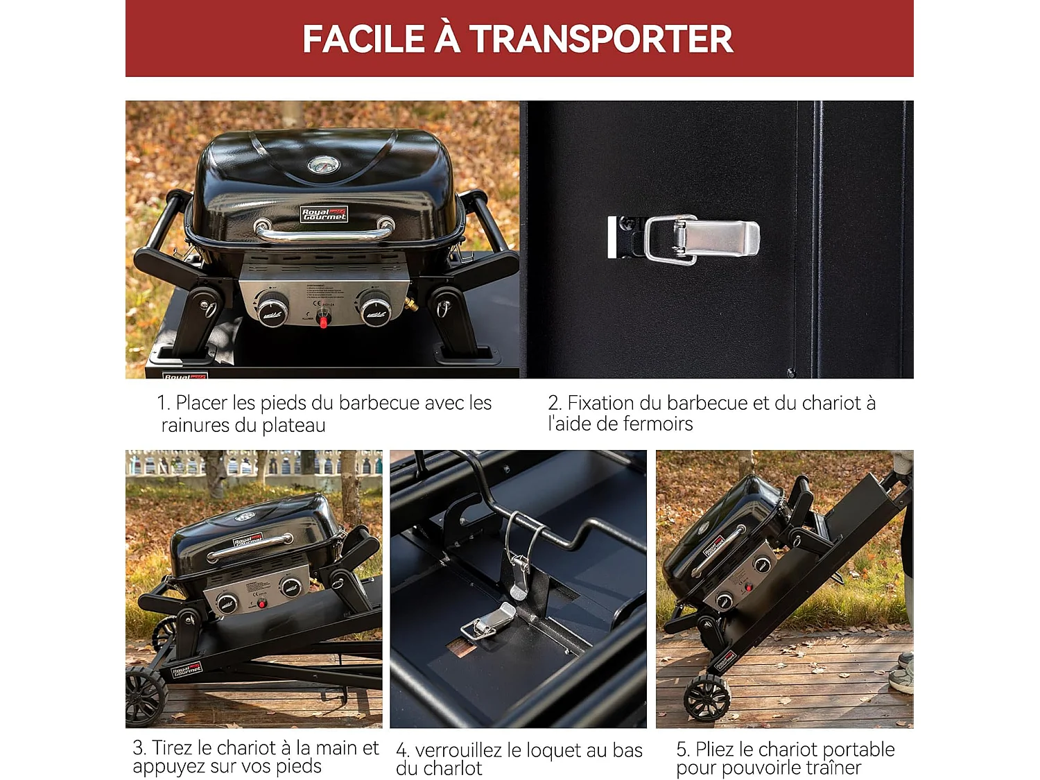 Barbecue Gaz Portable Dont Chariot Détachable Royal Gourmet - 2 Brûleurs Puissance 5kW, Surface Cuisson 48 x 37 cm