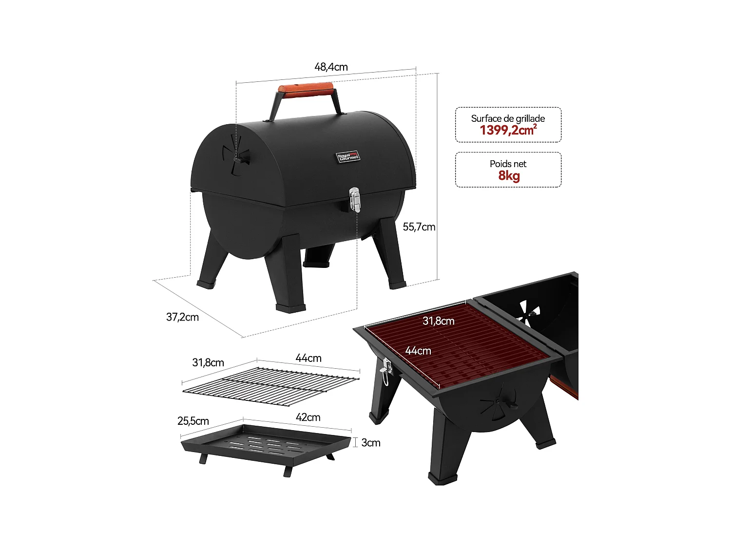 Barbecue à Charbon de Bois Portable Royal Gourmet - Surface Cuisson 44 x 31,8 cm