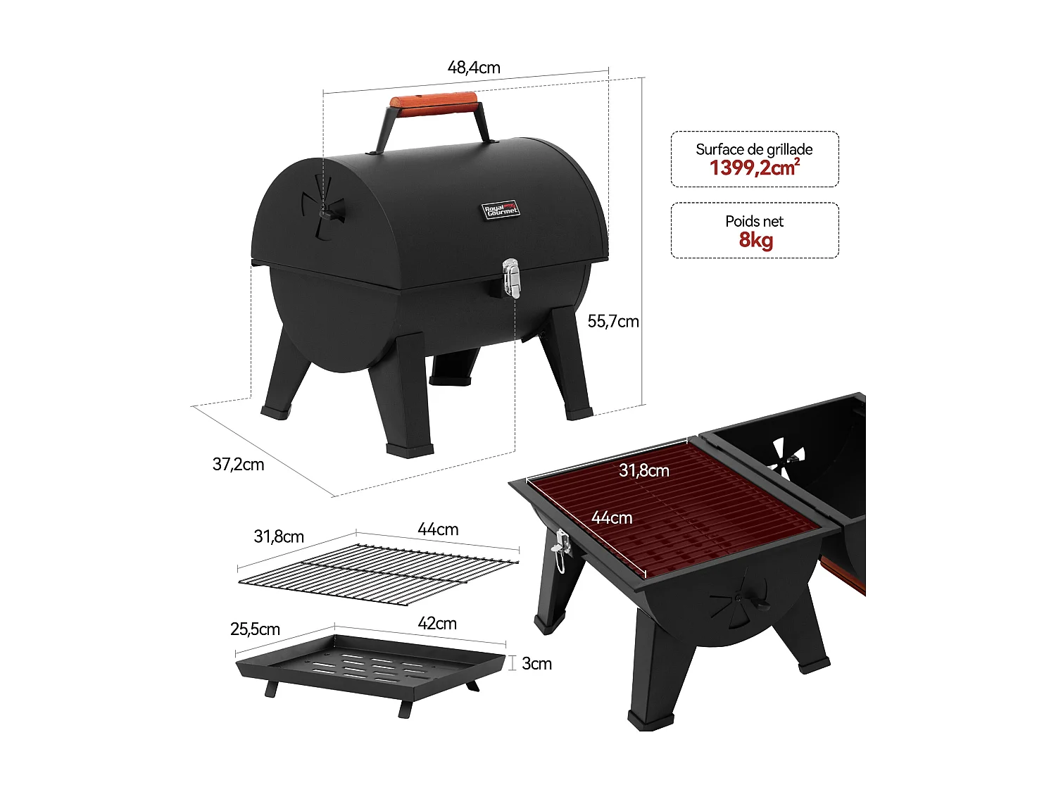 Barbecue à Charbon de Bois Portable Royal Gourmet - Surface Cuisson 44 x 31,8 cm
