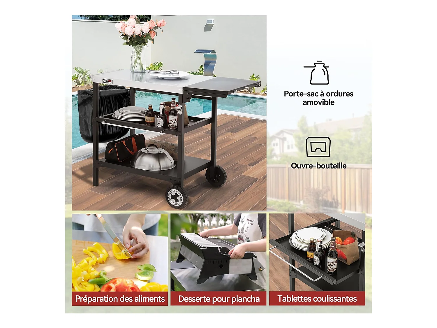 Desserte pour Plancha Royal Gourmet-Chariot pour Barbecue avec Table d'Appoint Pliable