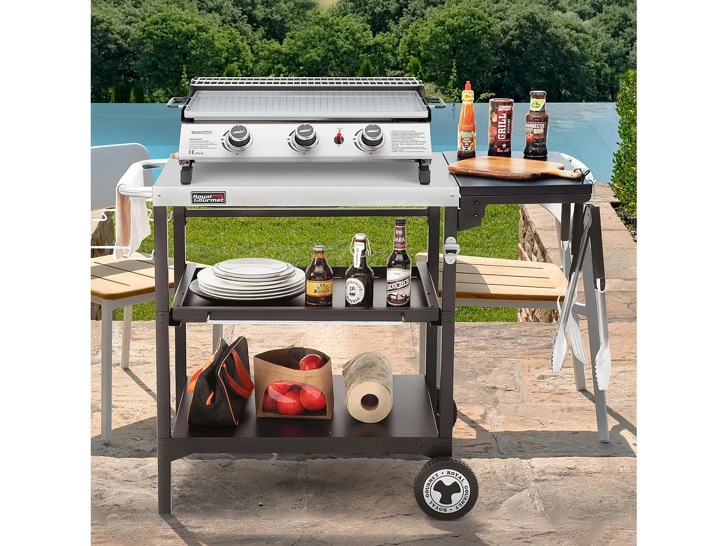 Desserte pour Plancha Royal Gourmet-Chariot pour Barbecue avec Table d'Appoint Pliable