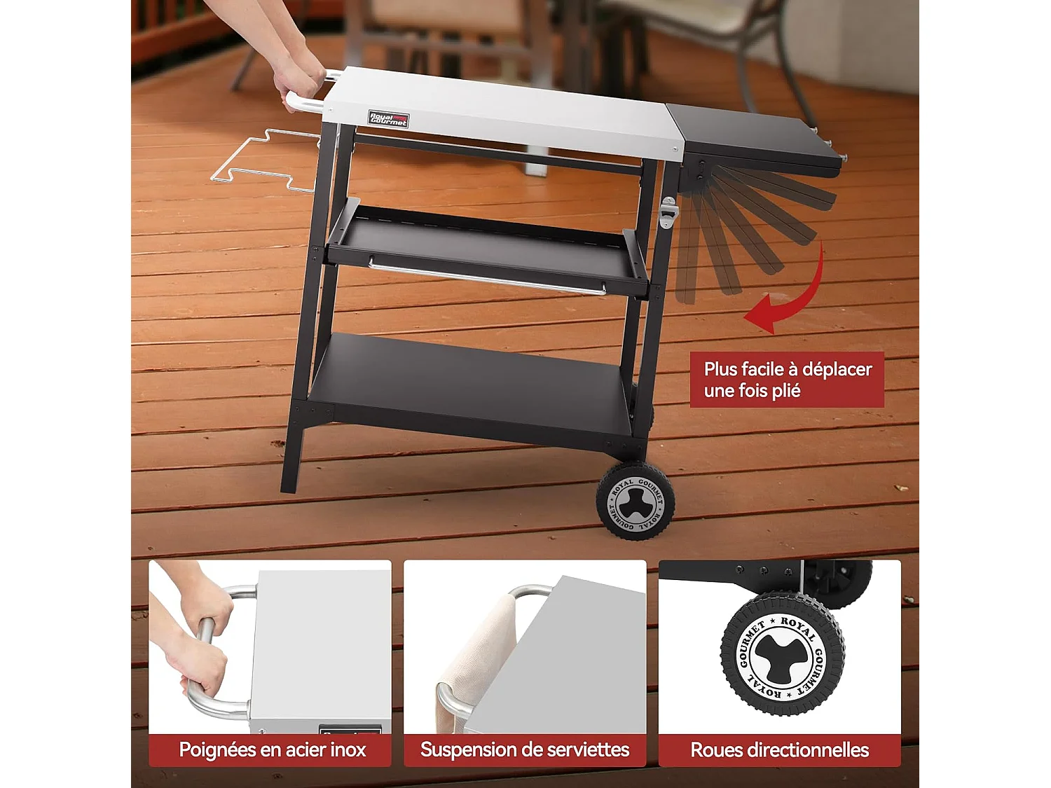 Desserte pour Plancha Royal Gourmet-Chariot pour Barbecue avec Table d'Appoint Pliable