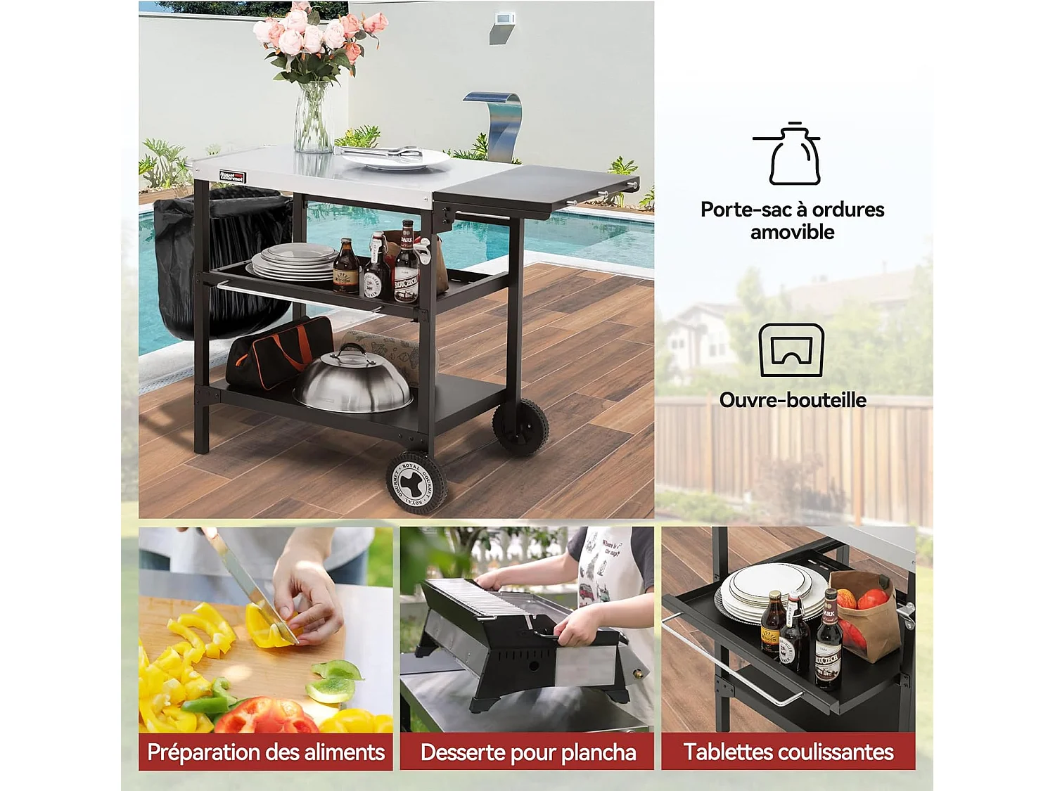 Desserte pour Plancha Royal Gourmet-Chariot pour Barbecue avec Table d'Appoint Pliable