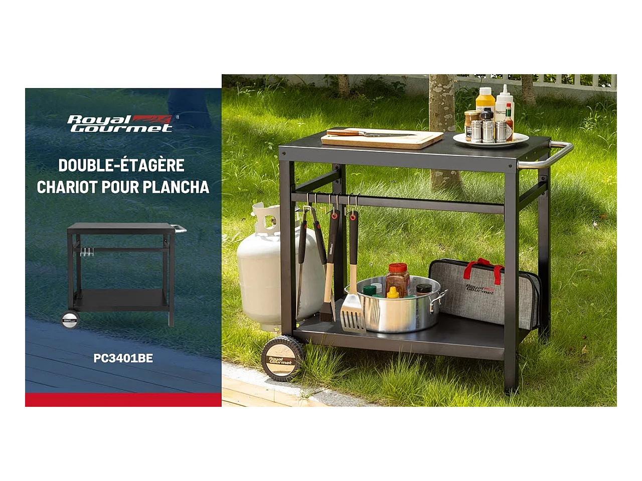 Desserte pour Plancha en Métal Noir - Deux Étagères -100,5 x 59 x 81 cm