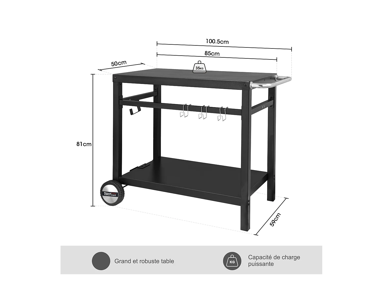 Desserte pour Plancha en Métal Noir - Deux Étagères -100,5 x 59 x 81 cm