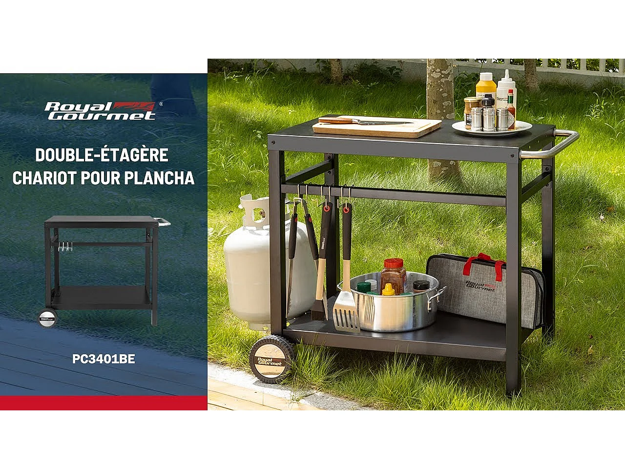 Desserte pour Plancha en Métal Noir - Deux Étagères -100,5 x 59 x 81 cm