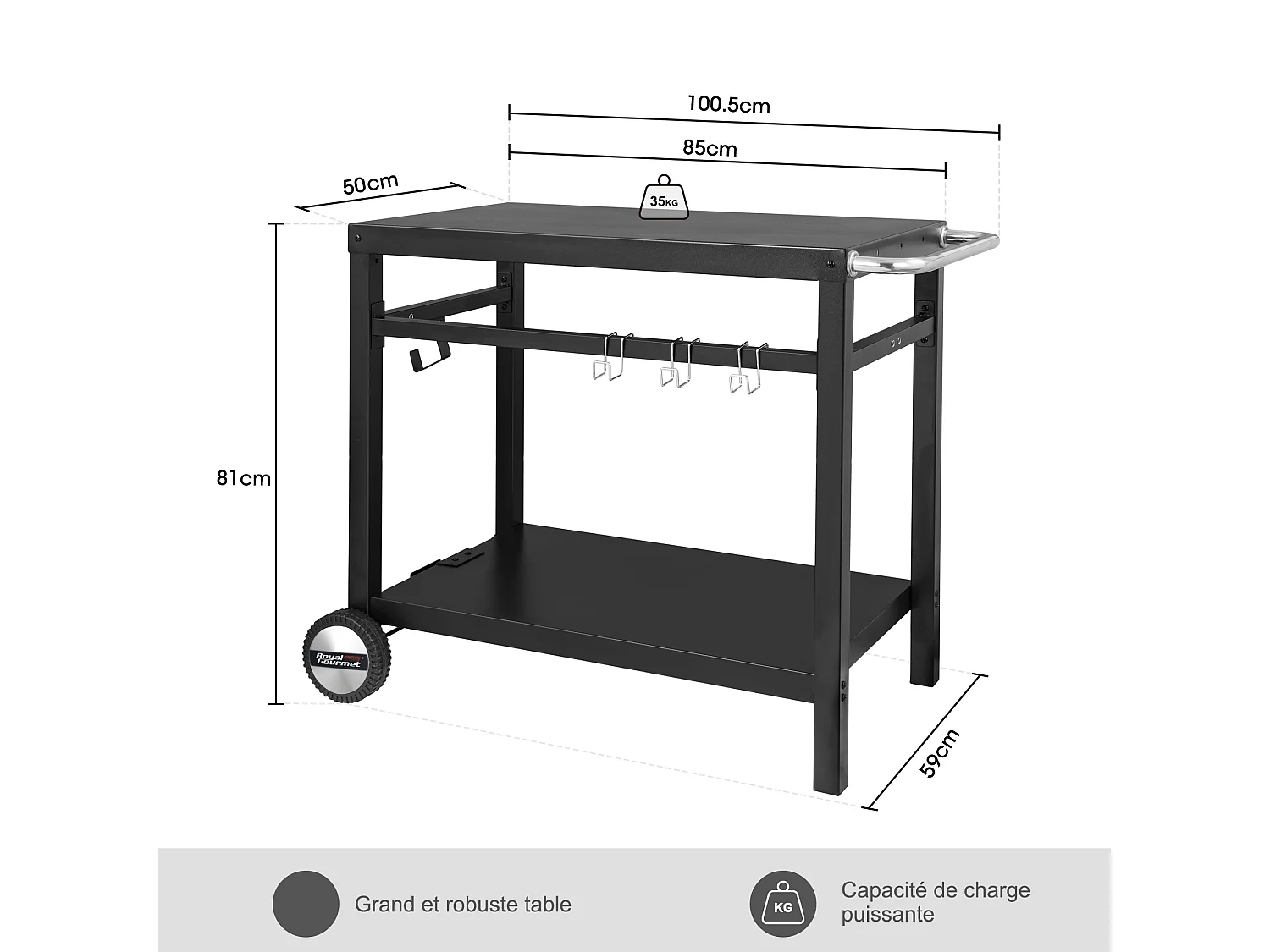Desserte pour Plancha en Métal Noir - Deux Étagères -100,5 x 59 x 81 cm