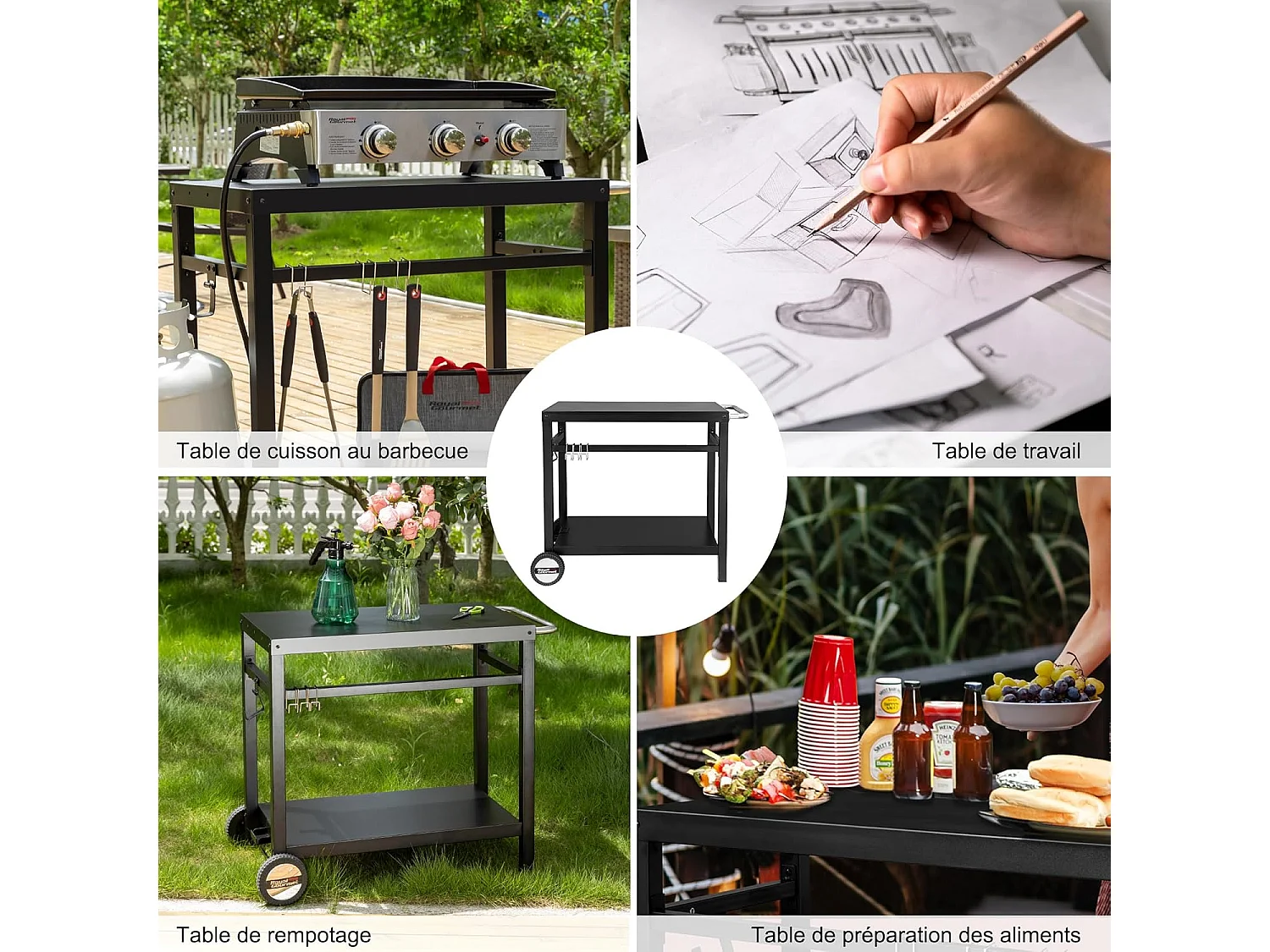 Desserte pour Plancha en Métal Noir - Deux Étagères -100,5 x 59 x 81 cm