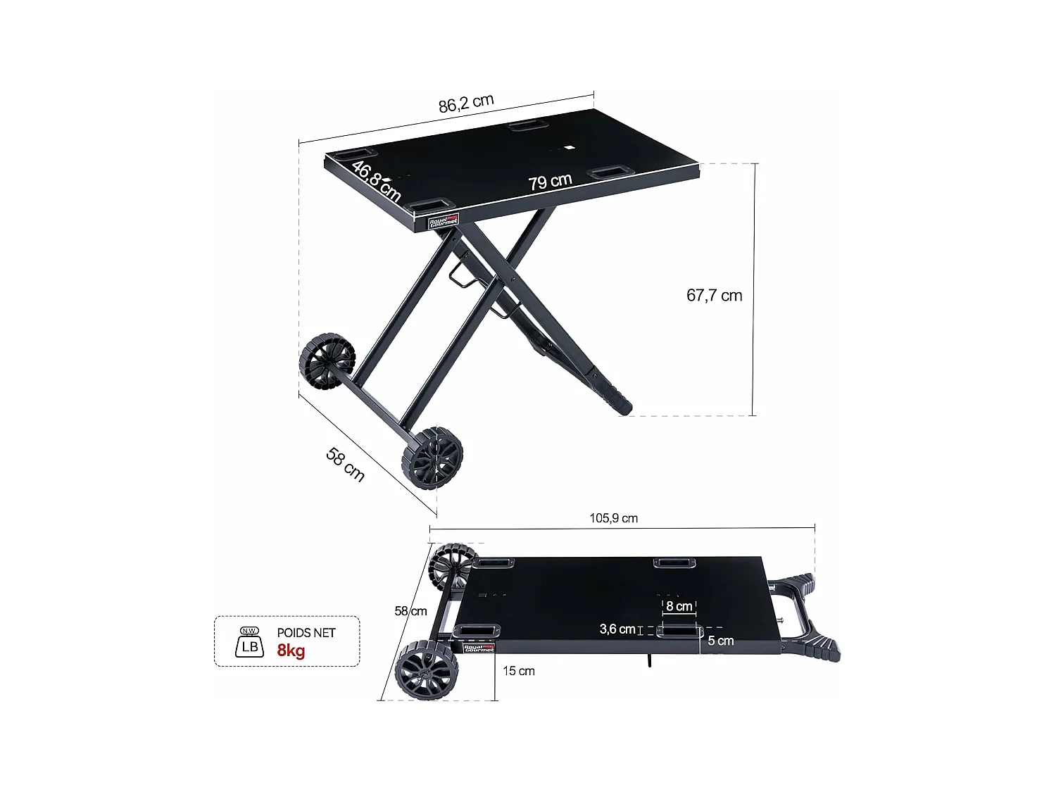 Chariot Pliant pour Plancha Royal Gourmet pour Série GT2005-F-Dessus de Table 79 x 46,8 cm