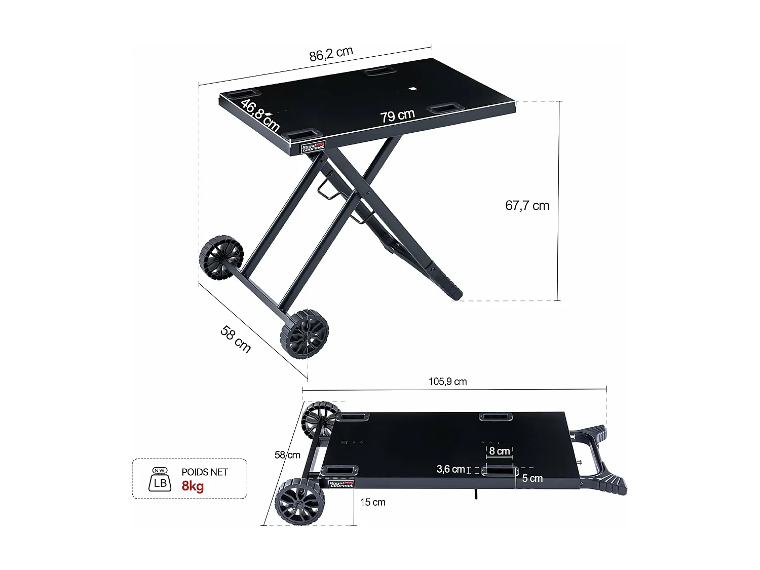 Chariot Pliant pour Plancha Royal Gourmet pour Série GT2005-F-Dessus de Table 79 x 46,8 cm