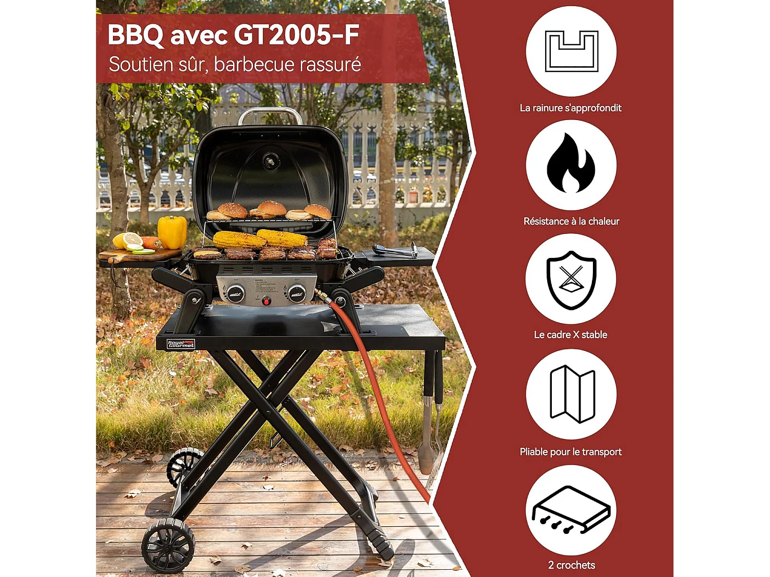 Chariot Pliant pour Plancha Royal Gourmet pour Série GT2005-F-Dessus de Table 79 x 46,8 cm