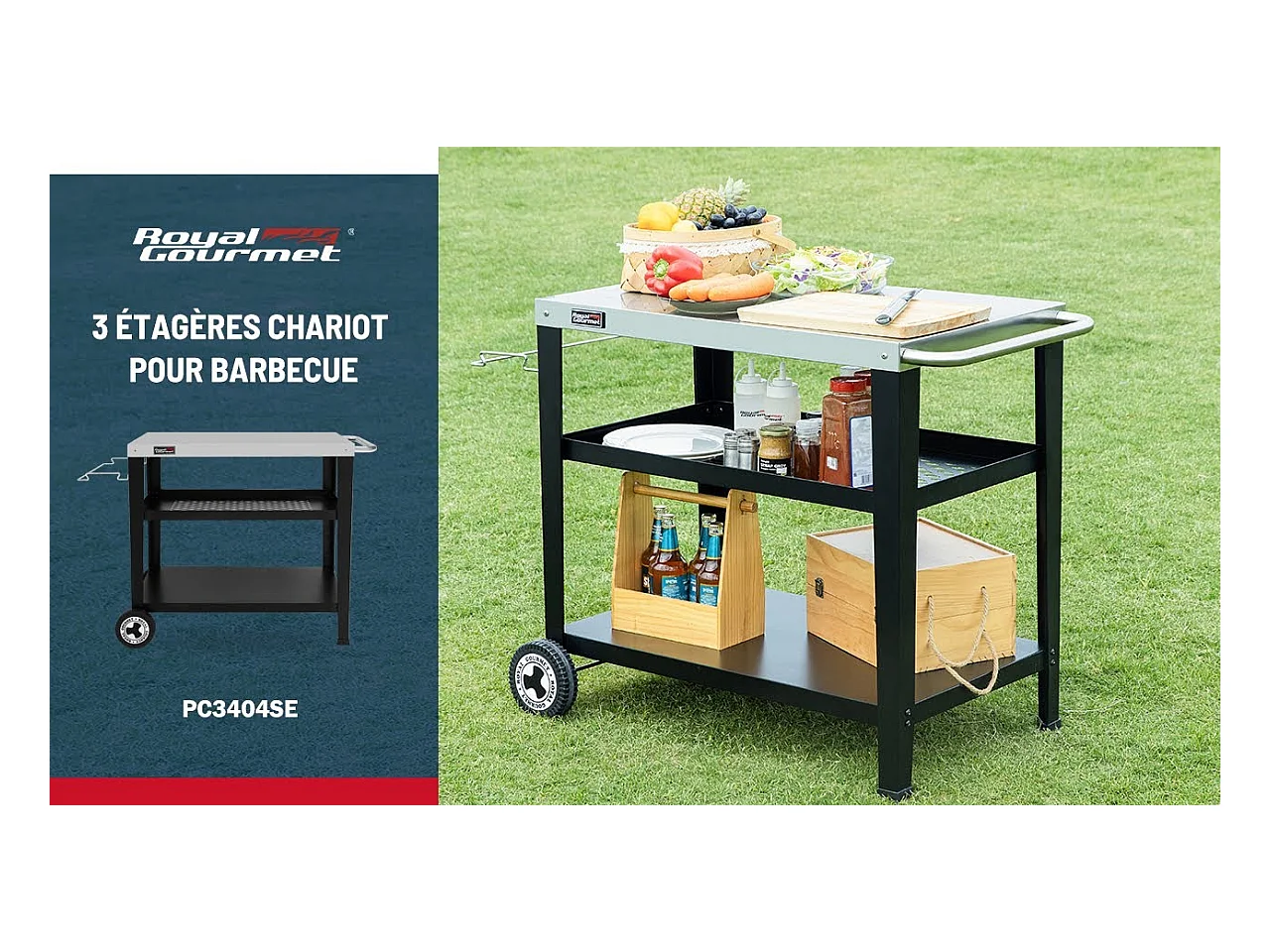 Desserte pour Plancha Royal Gourmet 3 Étagères - Dessus de Table en Acier Inox 85 x 50 cm