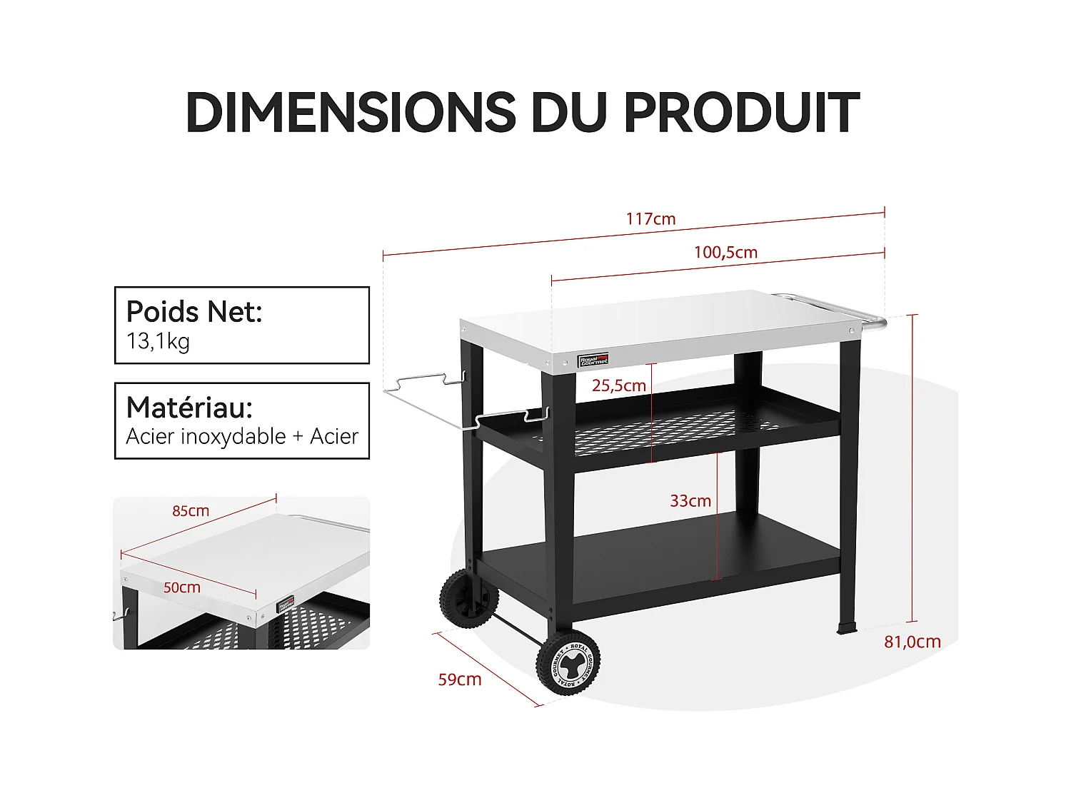 Desserte pour Plancha Royal Gourmet 3 Étagères - Dessus de Table en Acier Inox 85 x 50 cm