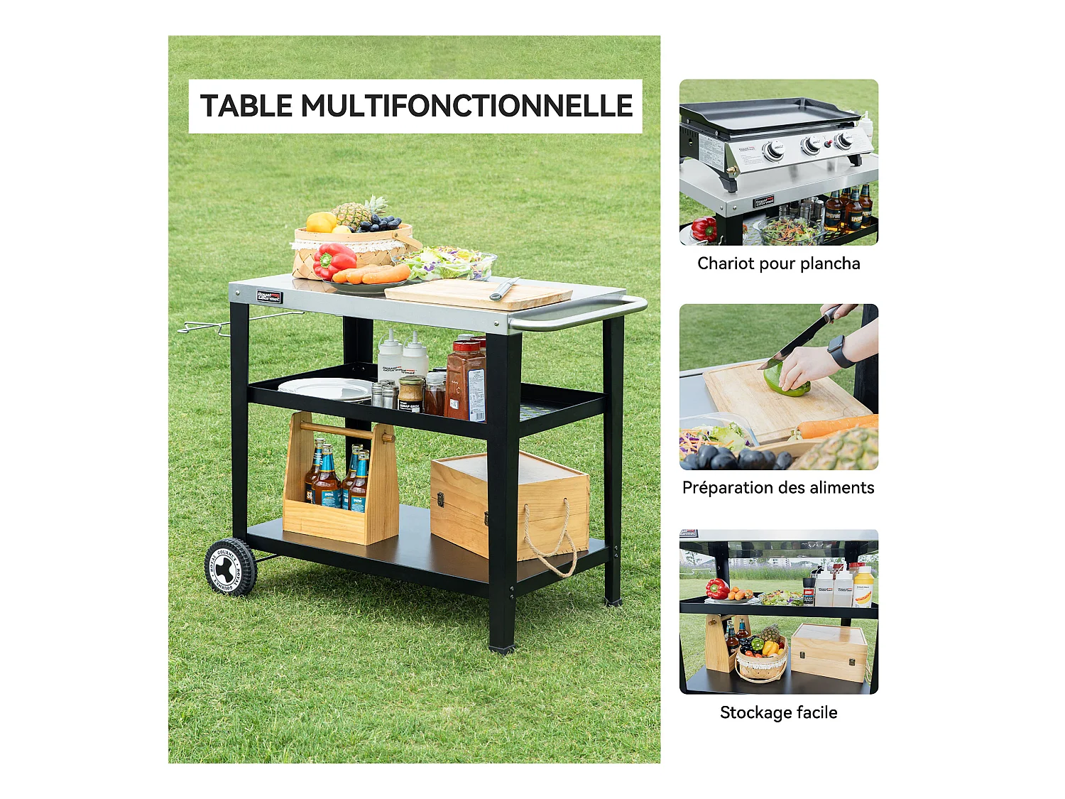 Desserte pour Plancha Royal Gourmet 3 Étagères - Dessus de Table en Acier Inox 85 x 50 cm