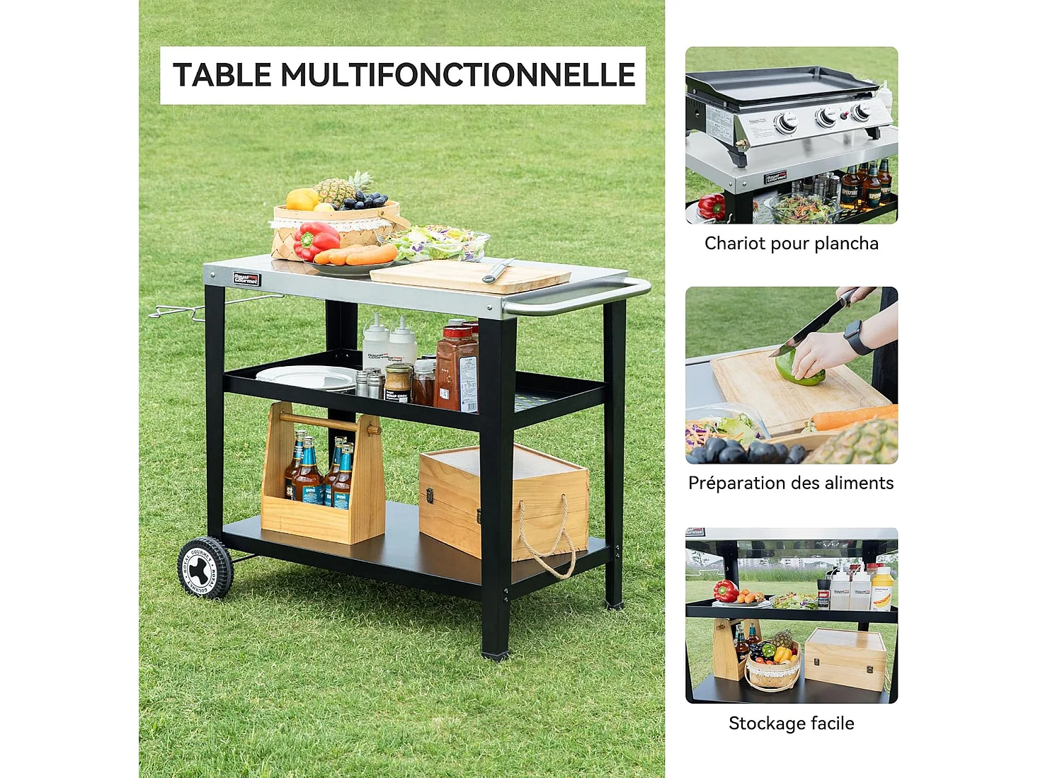 Desserte pour Plancha Royal Gourmet 3 Étagères - Dessus de Table en Acier Inox 85 x 50 cm