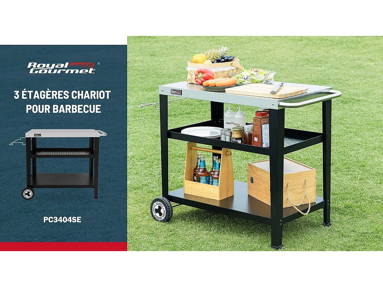 Desserte pour Plancha Royal Gourmet 3 Étagères - Dessus de Table en Acier Inox 85 x 50 cm