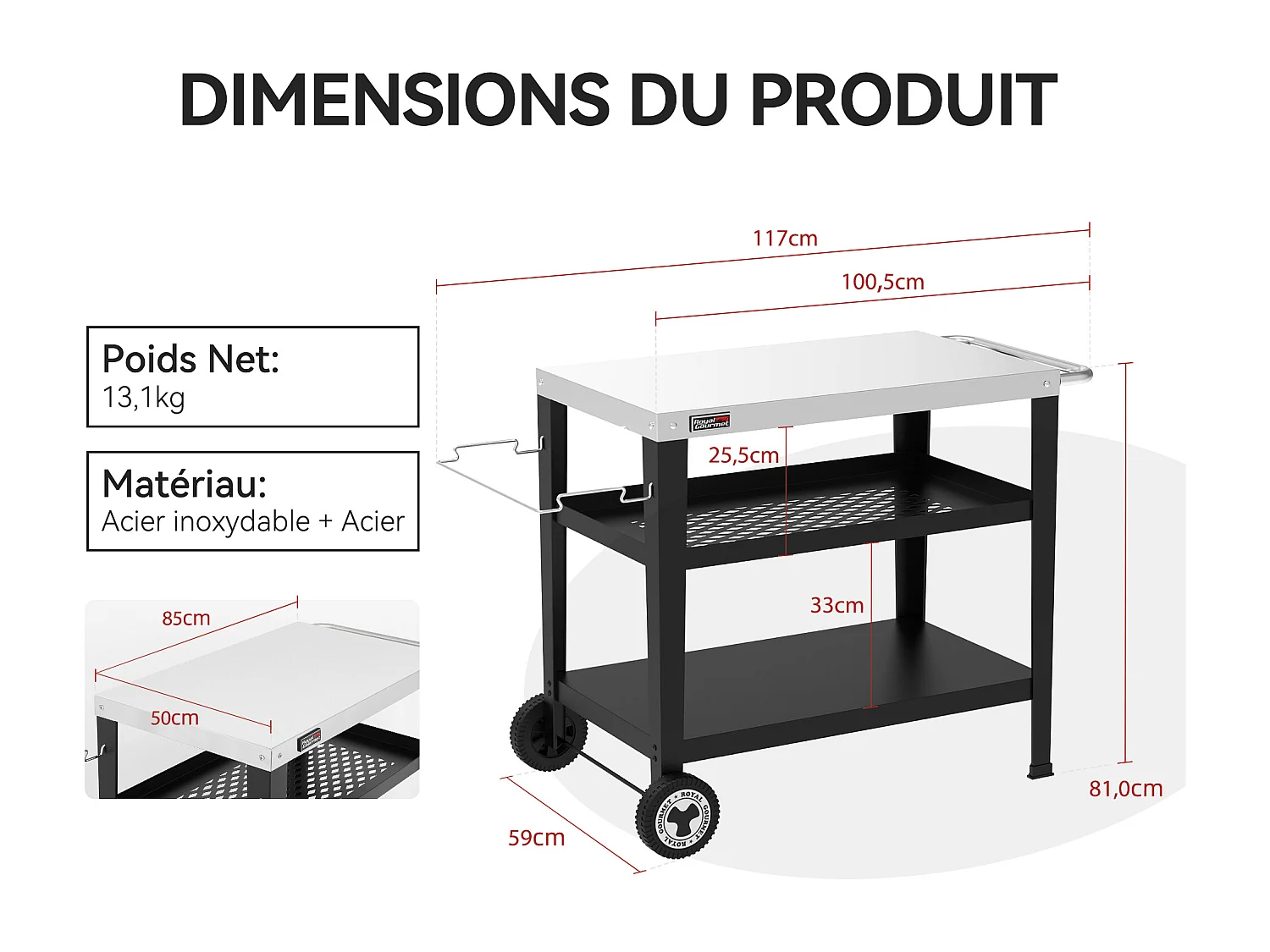 Desserte pour Plancha Royal Gourmet 3 Étagères - Dessus de Table en Acier Inox 85 x 50 cm