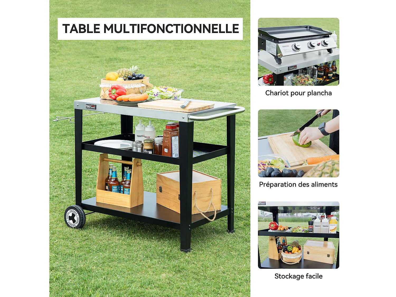 Desserte pour Plancha Royal Gourmet 3 Étagères - Dessus de Table en Acier Inox 85 x 50 cm